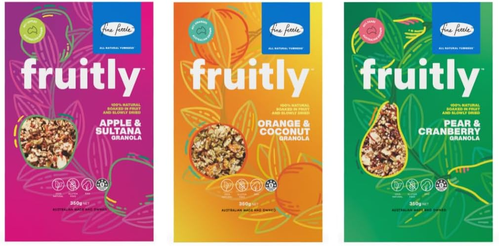 Fine Fettle Fruitly Multi Pack (2 X Apple & Sultana, 2 X Pear & Cranberry, 2 X Orange & Coconut). Gluten Free Granola Cereal - Soaked in Real Fruit and Slowly Dried - Made from Raw Seeds and Nuts image number 4