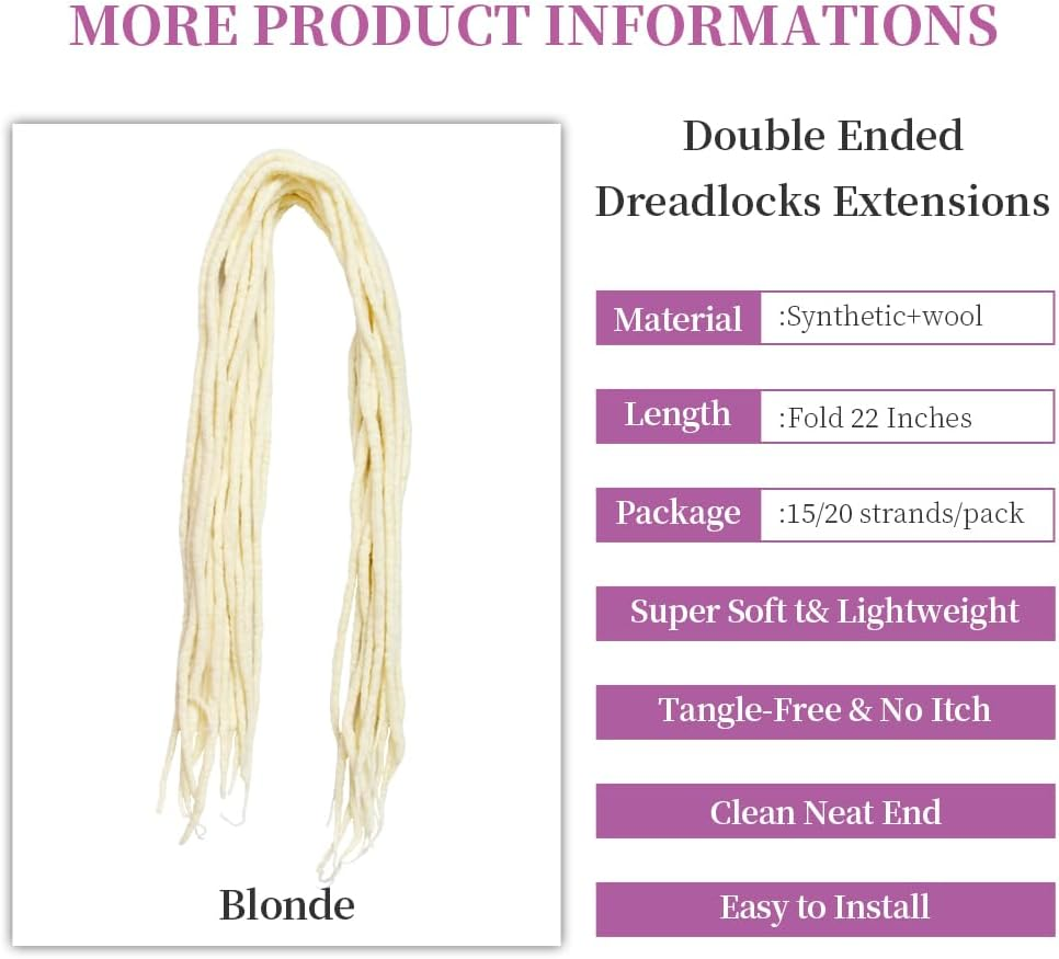 22 Inch Double Ended Dreadlocks Extensions 15 Strands/Pack Handmade Wool Dreadlocks Hip-Hop Reggae Braid in Dreads (15 Strands, Blonde) image number 2