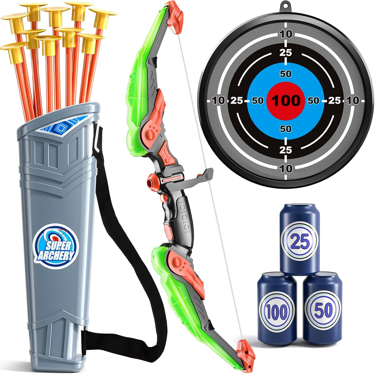 Kids Bow and Arrow Set, LED Light up Archery Toy Set with 10 Suction Cup Arrows,Target & Arrow Quiver, Bow and Arrows Set Toys 3 4 5 6 7 8 9 10 11 12 Year Old Kids Boys Girls (Green) image number 6