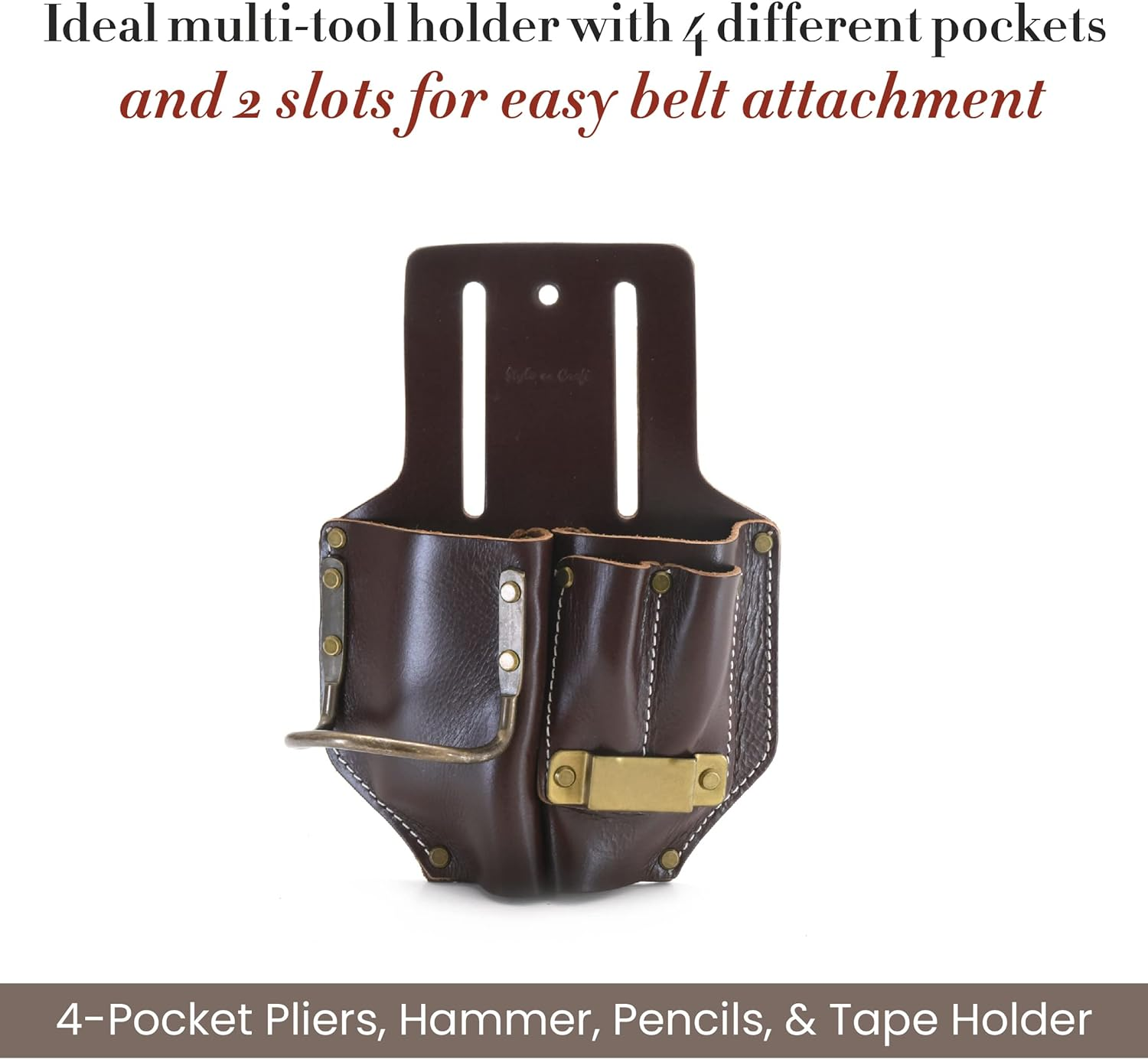 Style N Craft 4 Pocket Pliers, Hammer, Pencils & Tape Holder, Full-Grain Leather Tool Pouch, Multi Tool Holder, Dark Tan (#98017) image number 2