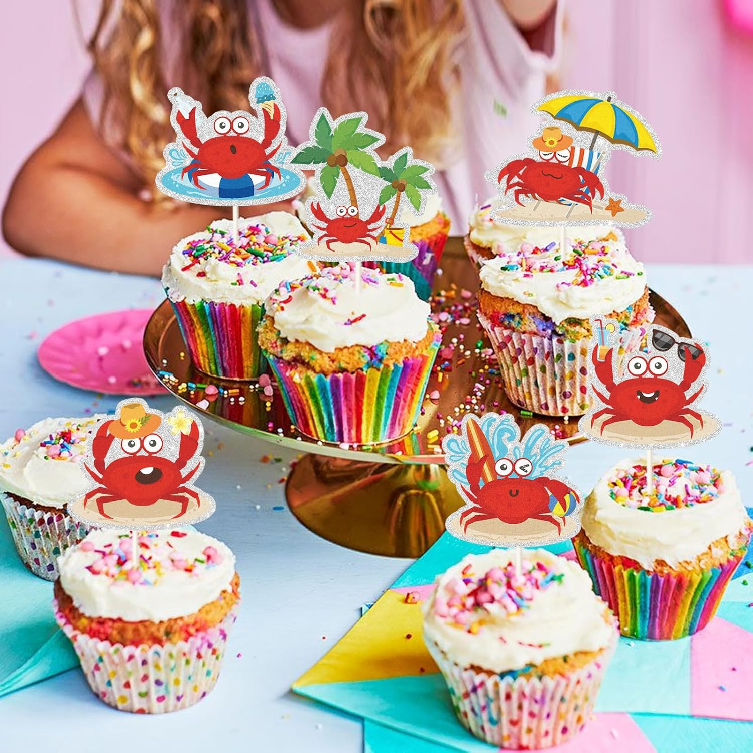 Crab Cupcake Toppers Baby Shower Party Supplies,Marine Organism Birthday Party Decorations Supplies,Sea Beach Marine Animal Theme for Kids Boy Girl 1St 2Nd Happy Birthday Party Supplies..18 PCS image number 4