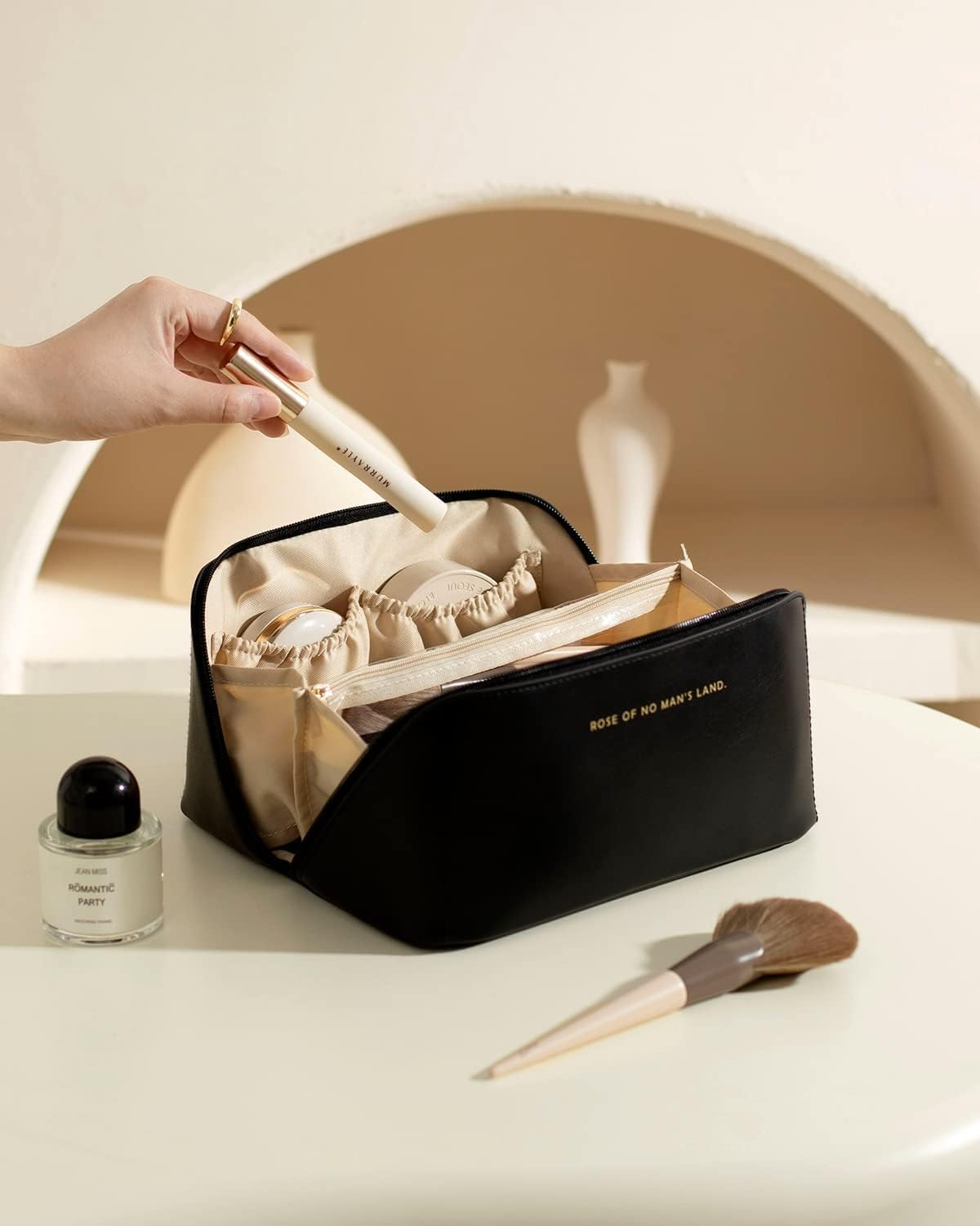 Heatunk Large Capacity Waterproof Travel Makeup Bag with Divider and Handle - Portable Toiletry Organizer for Women-Black image number 6