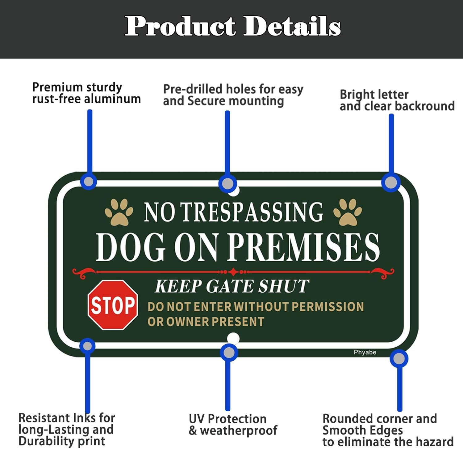 Phyabe 2 Pack No Trespassing Dog on Premises Keep Gate Shut Sign, 12 X 6 Inch Rust Free Aluminum Dog Sign, Weather Resistant, Waterproof, Durable Ink, Easy to Install
