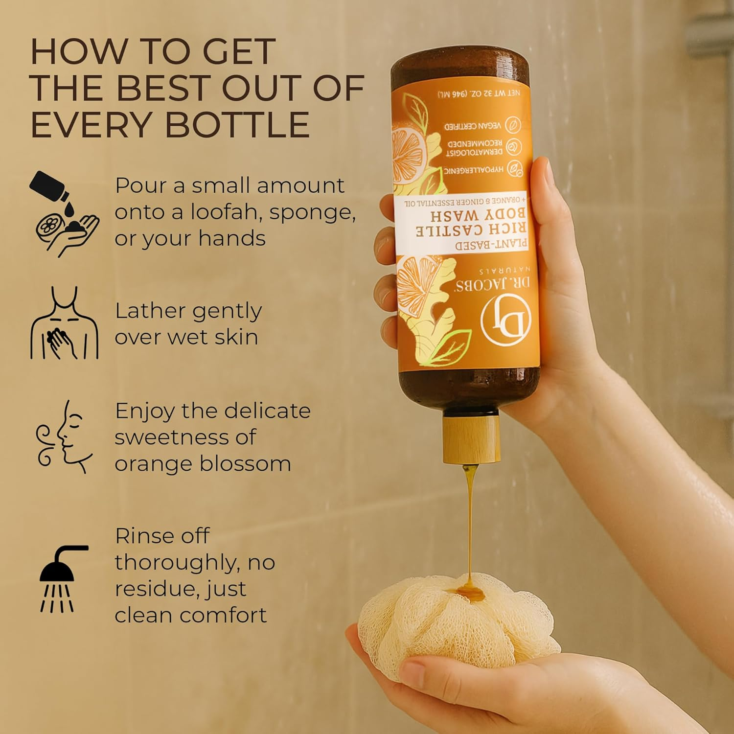 Dr. Jacobs Naturals Pure Castile Soap Liquid Body Wash, Orange & Ginger - All Natural Soap Infused with Vitamin E & Aloe Vera to Moisturize Dry and Sensitive Skin - Made in the USA - 32 Oz, Pack of 1 image number 6