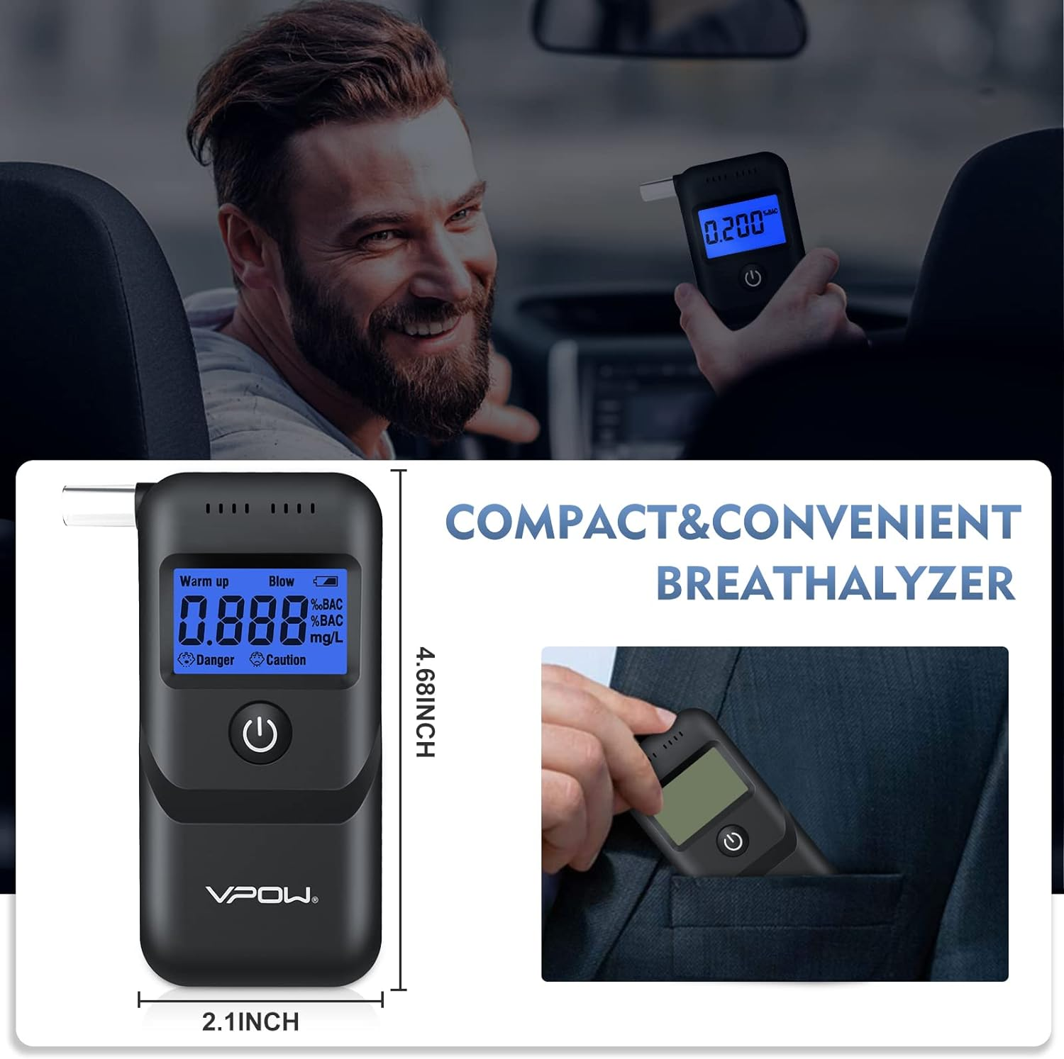 Breathalyzer, VPOW Alcohol Breathalyzer to Test Alcohol with Digital Blue LCD Display, Grade Accuracy Personal Breathalyzers Alcohol Tester for Personal Home Professional Use Blue,1.0 Count image number 1