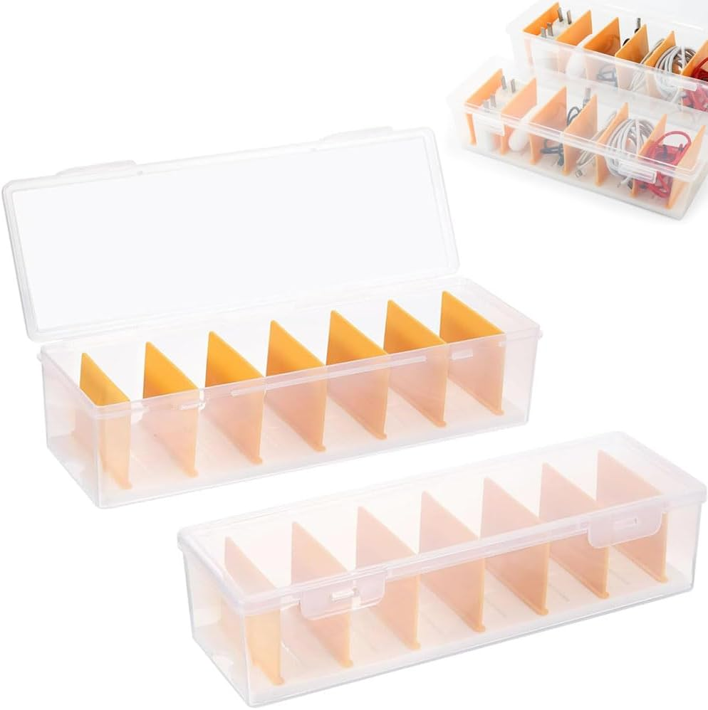 Clear Cable Organizer Box with Lid, Stackable Storage Container for Chargers and Cords, Office Desk Accessories (2) image number 3