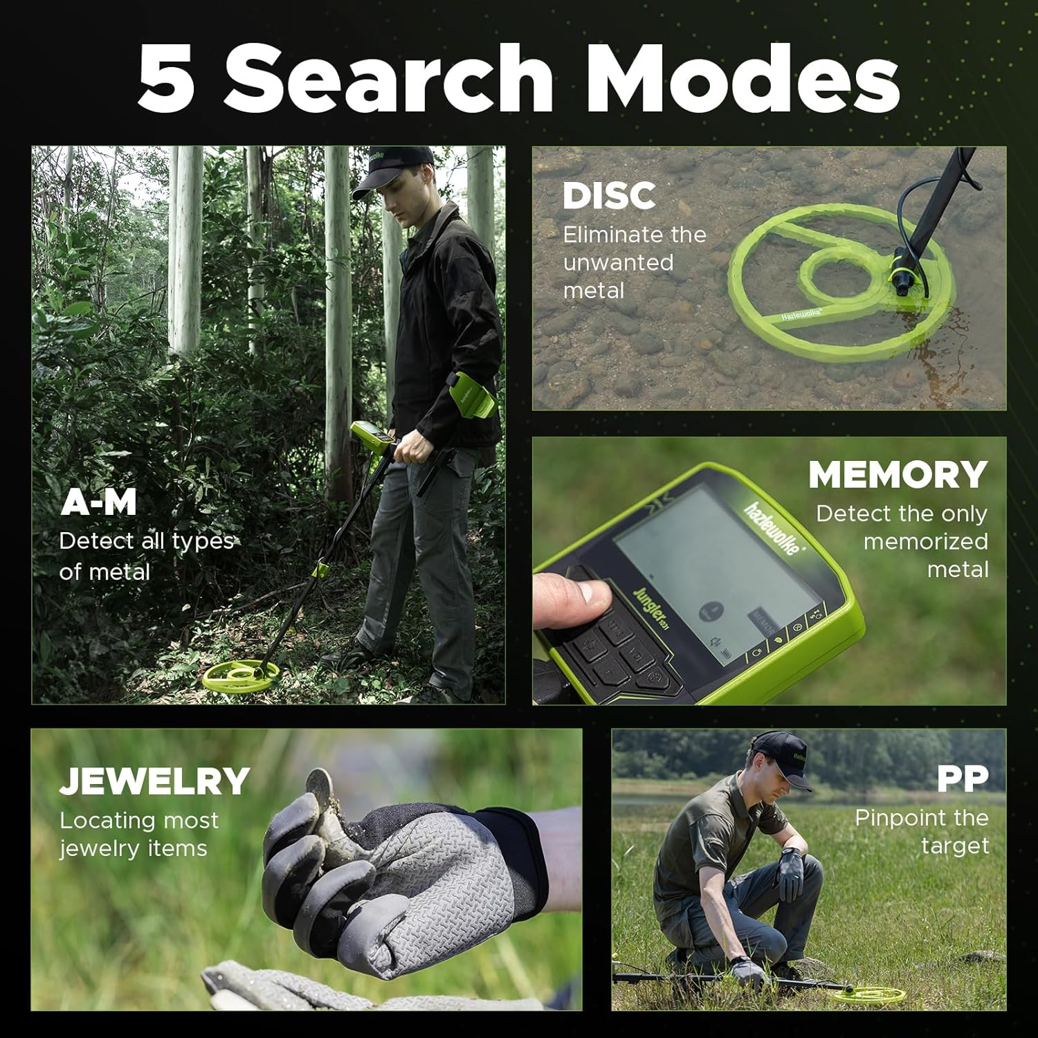 Hazlewolke Metal Detector for Adults, 5 Professional Mode with Higher Accuracy 10&rdquo; Waterproof Coil for Gold Detecting - Green-Rechargeable image number 5