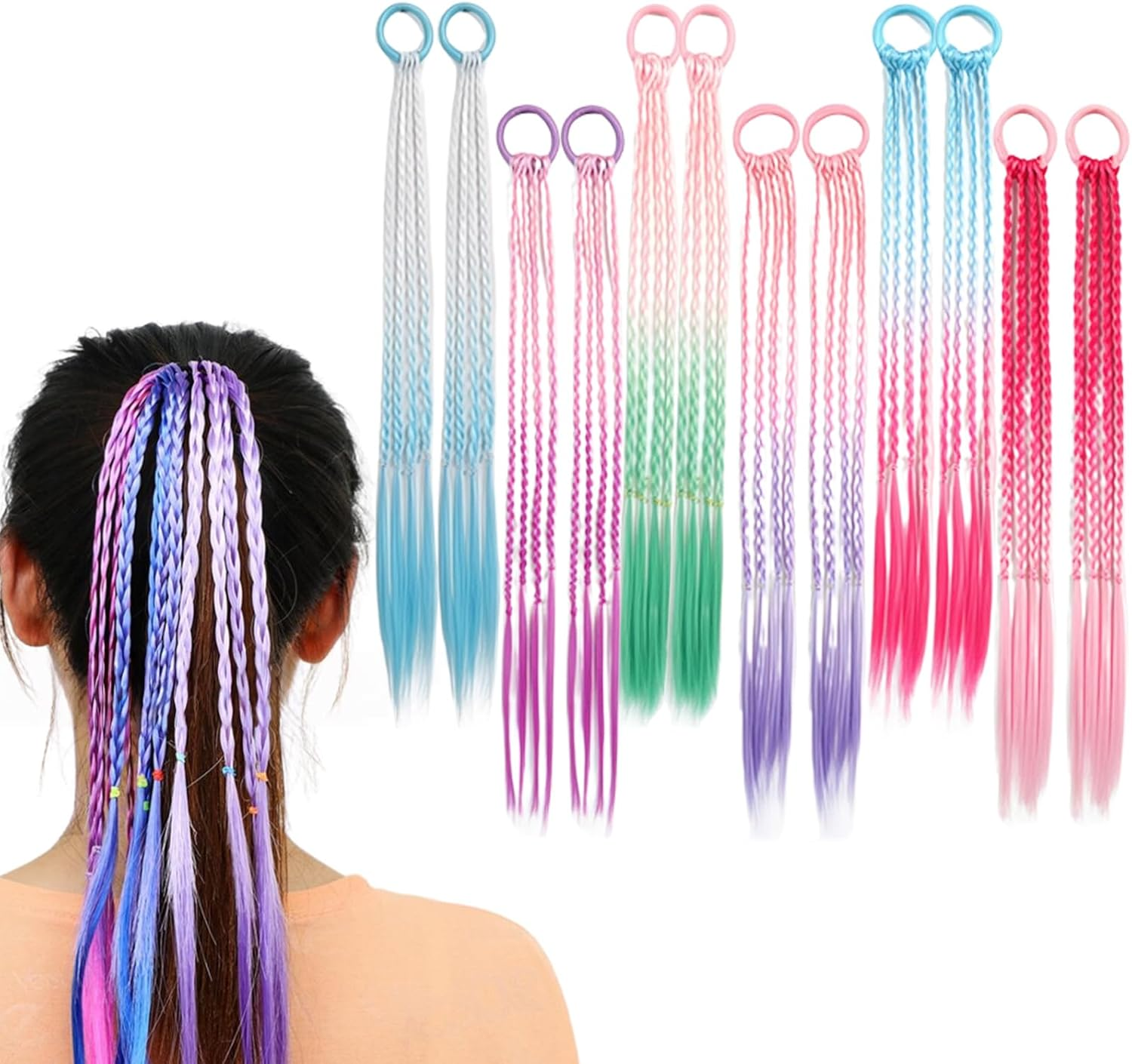 SSKHE 12 Pieces Rainbow Hair Extensions for Girls,Hair Accessories for Kids,Coloured Extensions for Braiding for Birthday Parties, Cosplay Shows, Halloween, Christmas. image number 4