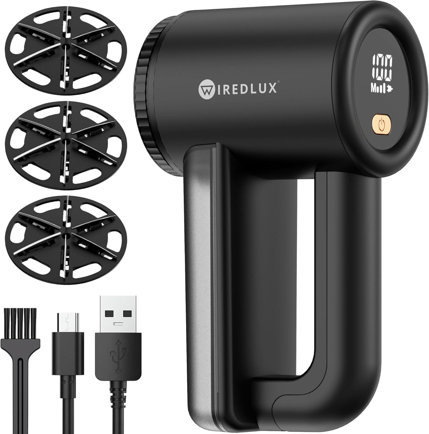 Electric Lint Remover Wiredlux - Rechargeable Fabric Shaver Bobble Remover for Clothes & Furniture - Adjustable 3-Speed, 6-Leaf Blade, LED Display, USB Charging (Black) image number 1