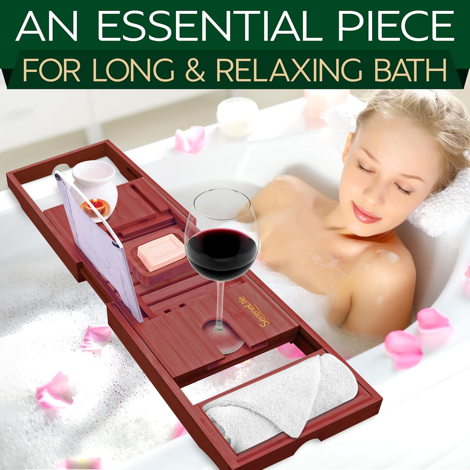 Serenelife Bamboo Bathtub Caddy with Luxury Gift Box and Red Gifting Ribbon Extendable & Adjustable Tray with Device/Book Holder with Removable Trays for Bath Accessories (Stain Brown) image number 2