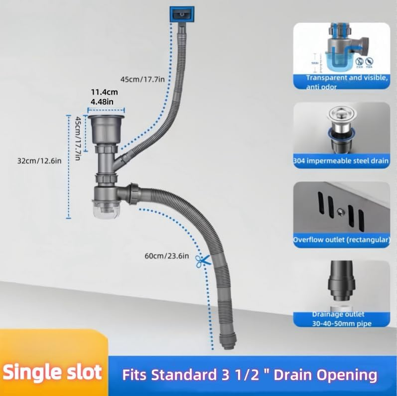 Qruilantu One Sink Kitchen Drainage Kit Space Saving Flexible Drain Pipe Flexible P-Trap Drain Strainer with 3-1/2 Inch Kitchen Sink Drain Assembly Kit，Suitable for Kitchen, Bathroom, RV image number 4