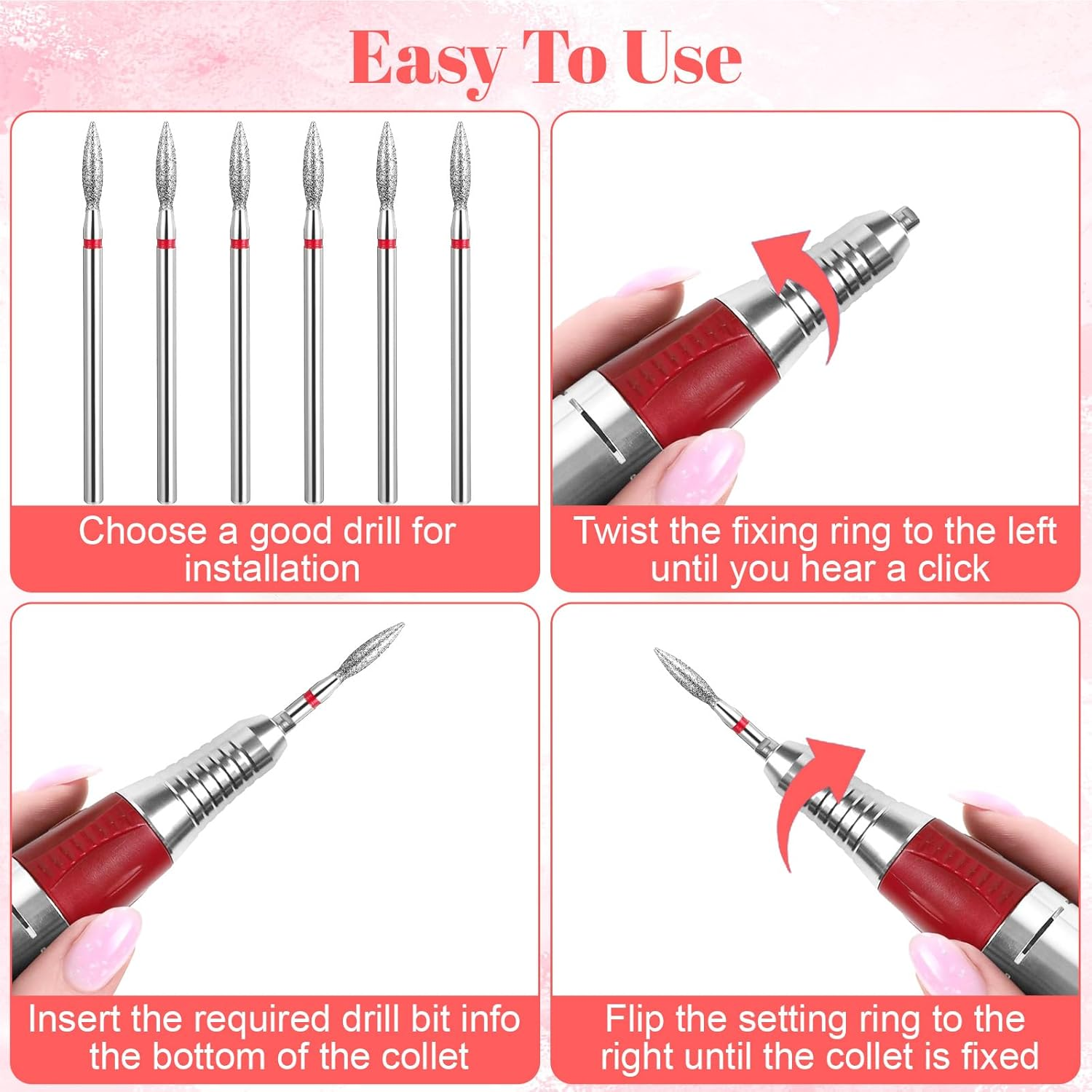 6Pcs Diamond Flame Cuticle Drill Bits for Nails, Professional Acrylic Nail File Drill Bit, 3/32'' (2.35Mm), Nails File Machine Nail Salon Supply(Red) image number 1