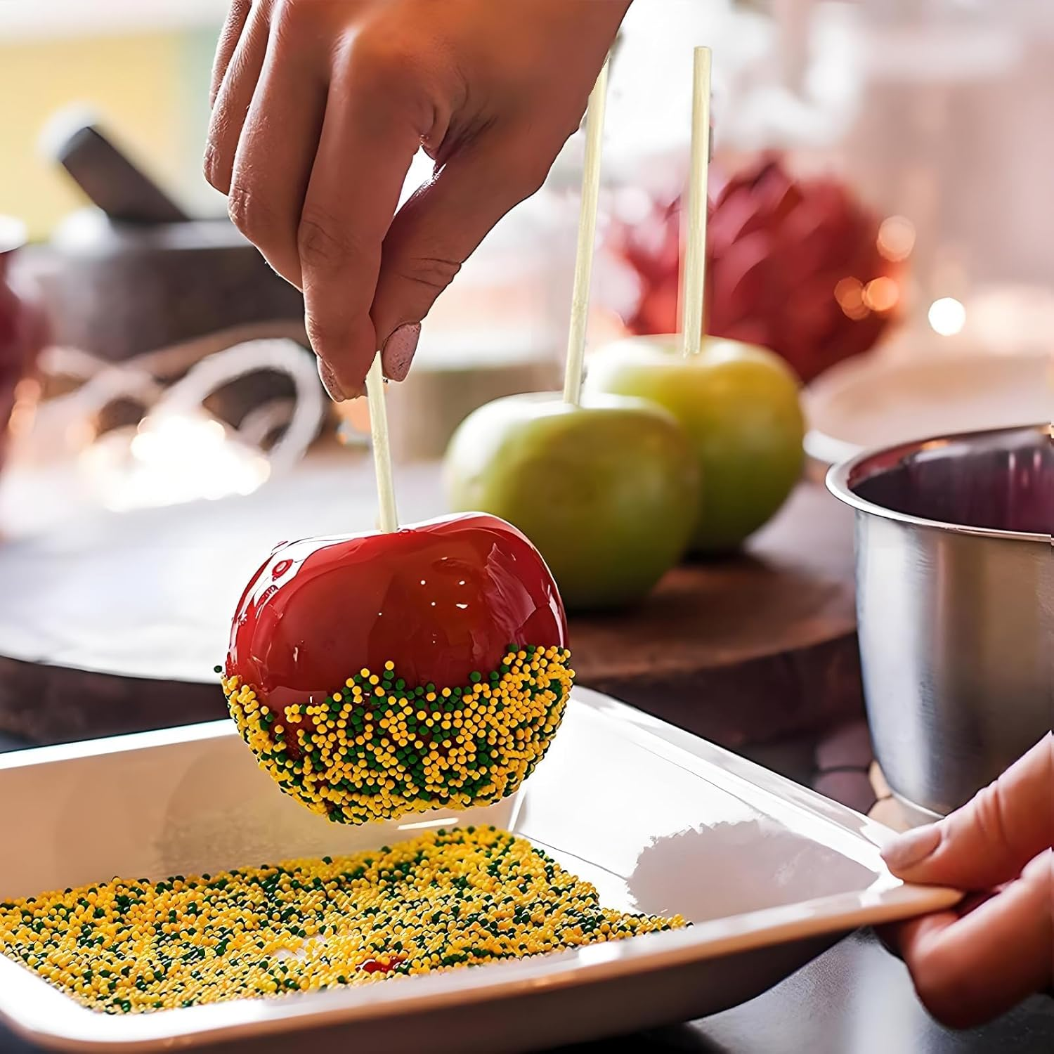 Candy Apple Sticks (50 Pack), 10 Inch Caramel Apple Sticks Skewers 4 Mm Natural Bamboo Candy Making Skewer for Carmel BBQ Cotton Candy Wood Semi Pointed Lollipop Sticks Barbecue Corn Dog Cake Pops image number 6