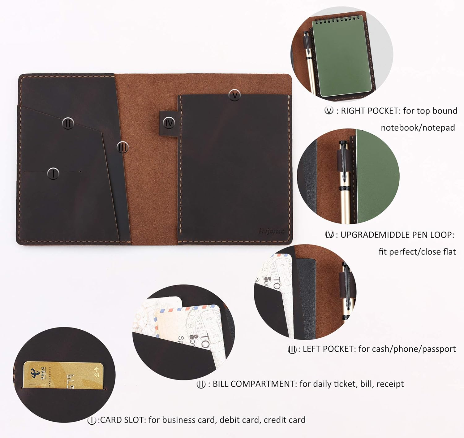 Fasjosma Leather Cover Compatible with Rite in the Rain & Rocketbook Mini Notebooks, Top Bound Spiral Notebook Cover, Leather Cover for 4'' X 6'' Pocket Notepad with Pen Holder - COFFEE - Coffee image number 2