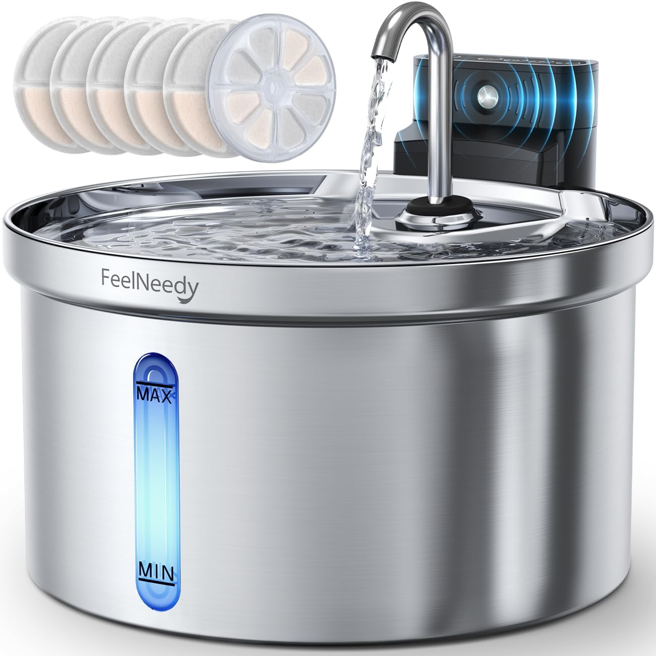 FEELNEEDY Stainless Steel Cat Water Fountain with 6 Filters, 3.5L/118Oz 4000Mah Battery Operated Cat Water Fountain with Motion Sensor, Water & Battery Separation (Fn-W08L-Stainless Steel+6 Filters) image number 6