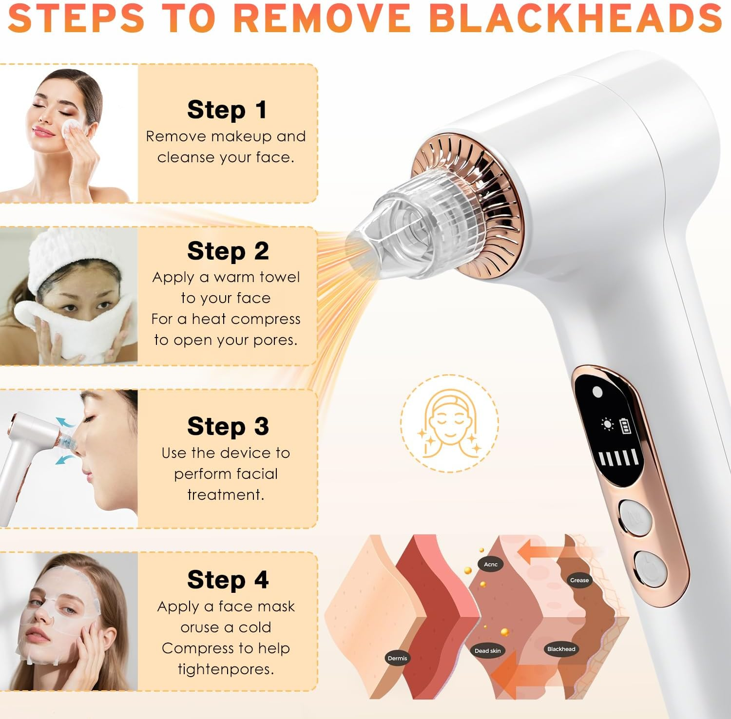 Yakiter Blackhead Remover, Pore Extractor Black Head Vacuum Remover with Heating, 5 Adjustable Suction Levels, 6 Replaceable Heads, Comedone Extractor Kit for Face Deep Cleansing (Gold) image number 2