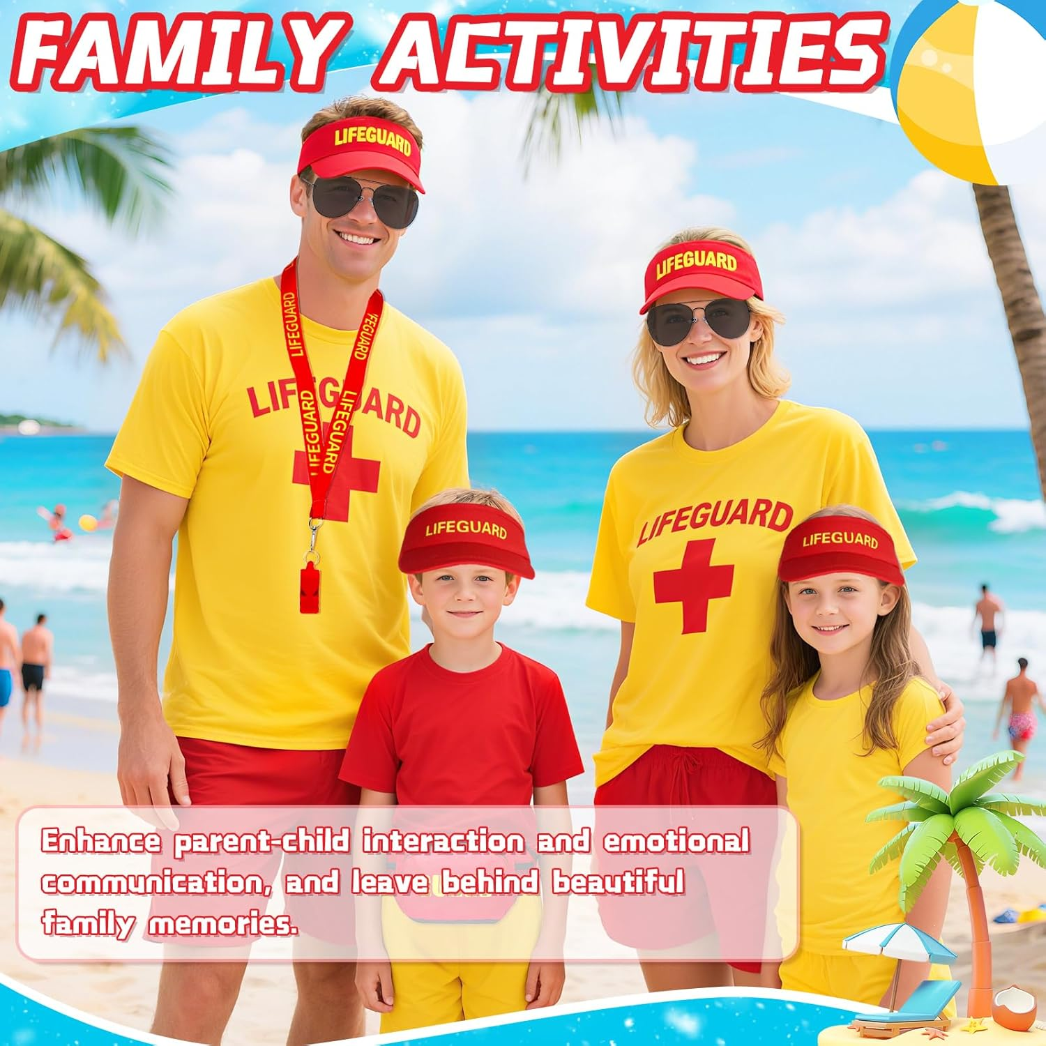 5Pcs Life Guard Costume Set, Lifeguard Fancy Dress Include T-Shirt Hat Fanny Pack Whistle Sunglasses Beach Costume Acccessories for Women Men Pool Party Halloween Cosplay(M) image number 2