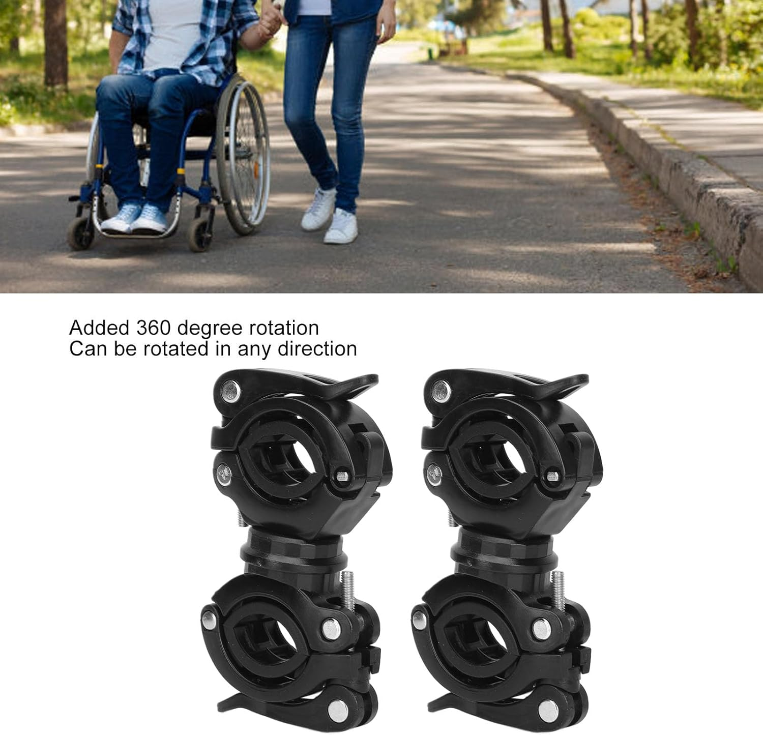 2 Pack Cane Holder, Adjustable Walking Stick Holder for Wheelchair 1.8‑3.8Cm Wheelchair Tube, Universal Crutches Stick Bracket Accessories for Wheelchair, Mobility Scooter (Black) image number 3