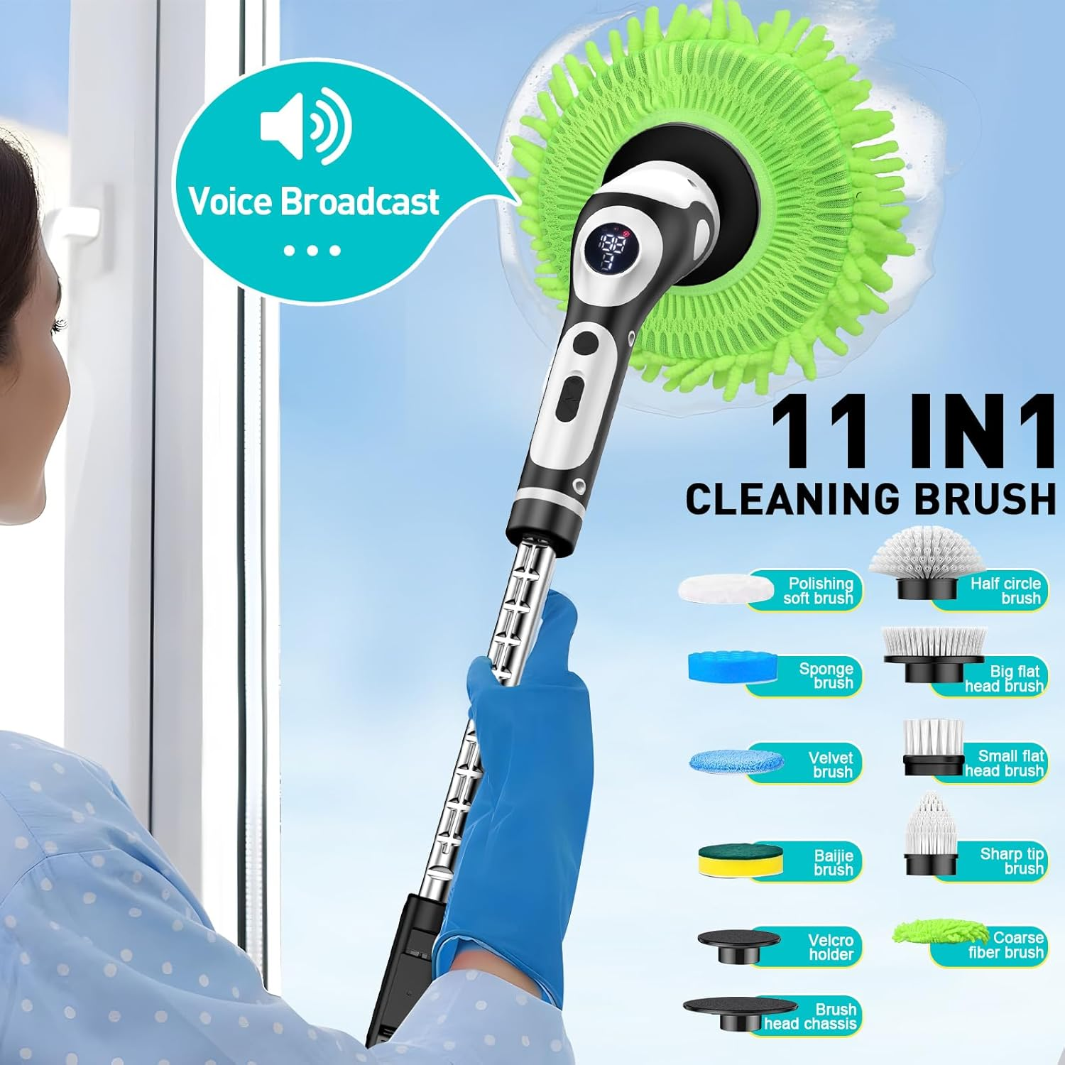 Electric Spin Scrubber, Voice Digital Display IPX7 Waterproof Handle Electric Cleaning Brush with 9 Replaceable Heads, Upgraded Extension Handle for Bathtub, Tile, Floor image number 2