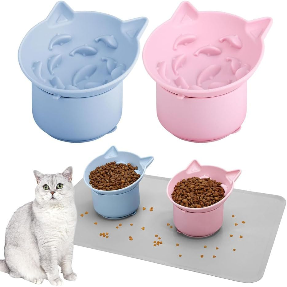 2 Pack Slow Feeder Cat Bowls &ndash; Elevated Tilted Silicone Pet Bowls Adjustable Angle (15&deg;/30&deg;), Dishwasher Safe &ndash; Pink & Blue (Healthy Eating, Vomit Prevention) ﻿ image number 1