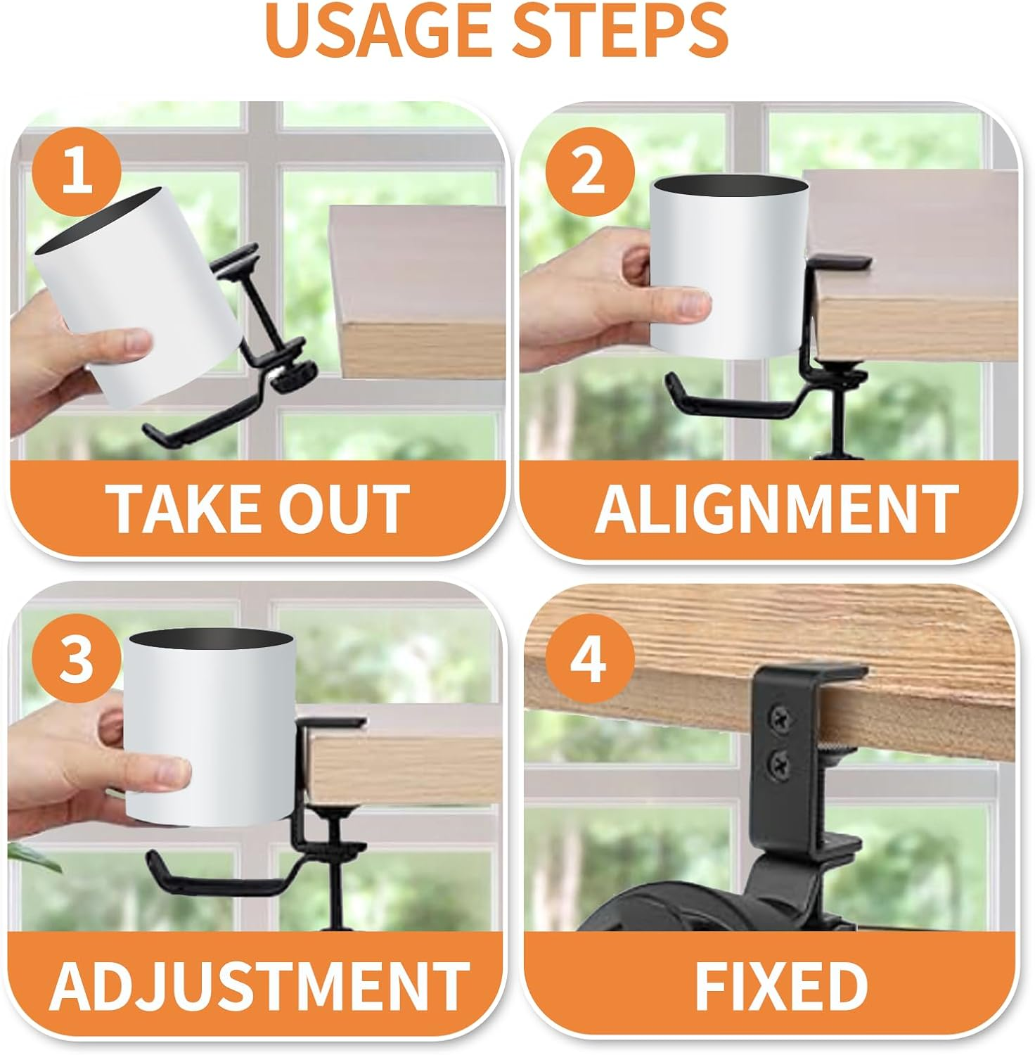 Desk Cup Holder Luxury 2-In-1 Anti-Spill Cup Holder with under Desk Headphone Hanger Holder with Durable Clamp on Desk Organizer (White) image number 3
