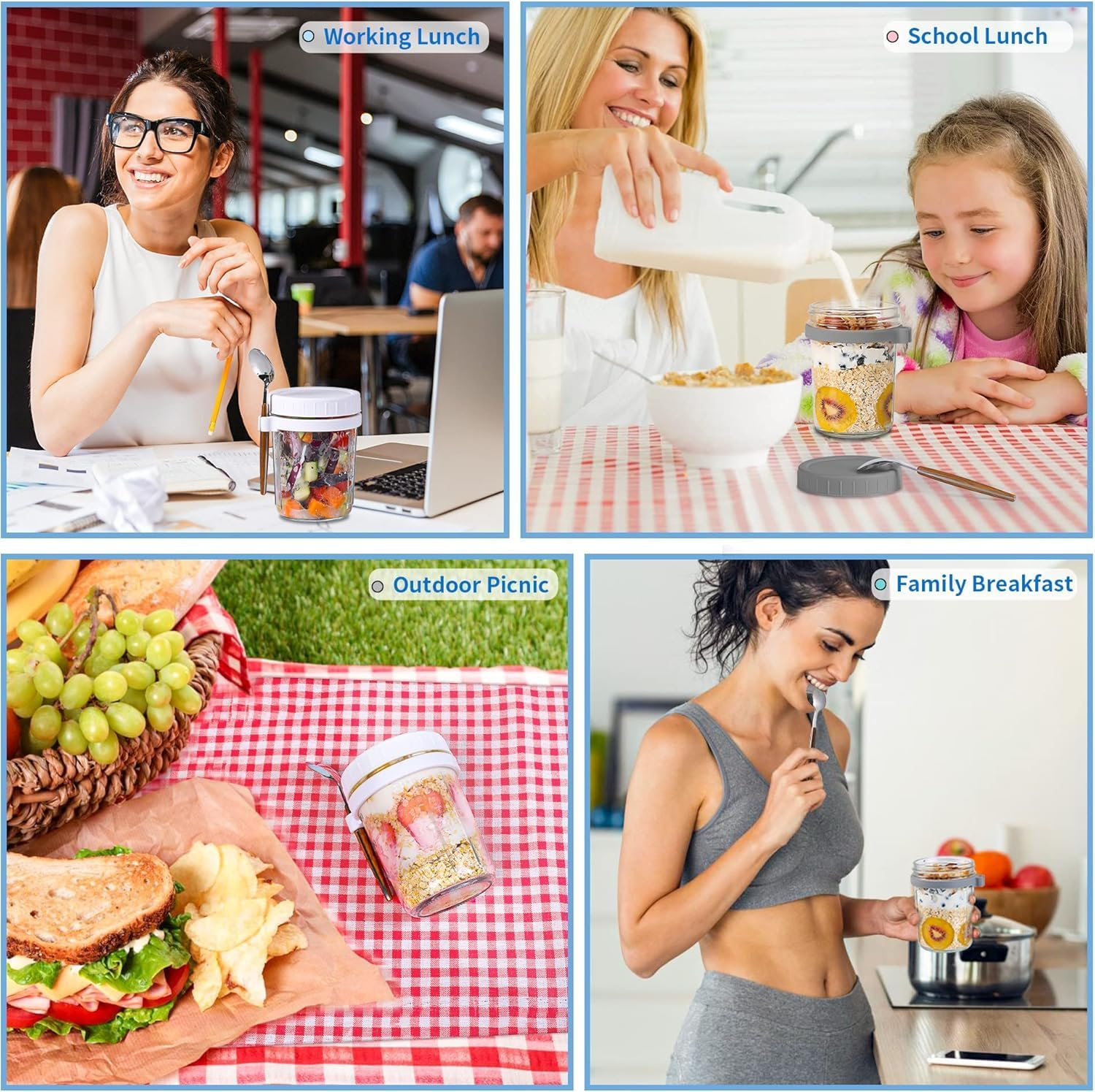 UPAUS 4 Pack Overnight Oats Containers with Lids and Spoons, 12Oz/350Ml Glass Mason Overnight Oats Jars, Leak Proof Oatmeal Container Meal Prep Jar for Cereal Fruit Vegetable Milk Salad Yogurt image number 4