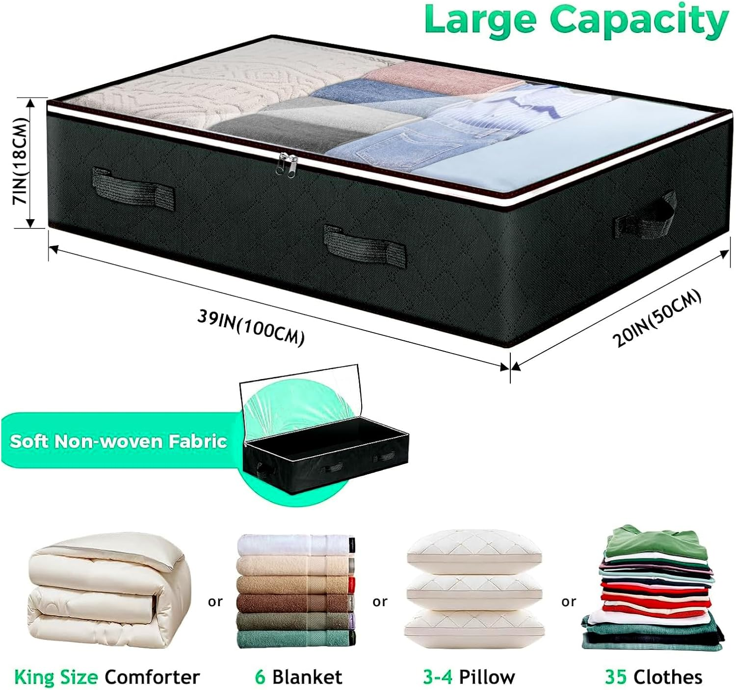 90L Underbed Storage Containers, 4 Pack Foldable under Bed Storage Box, Reinforced Handle Underbed Bags for Blankets, Clothing, Towels, Comforter, Sweaters, Pillows, Sheets(Black) image number 5