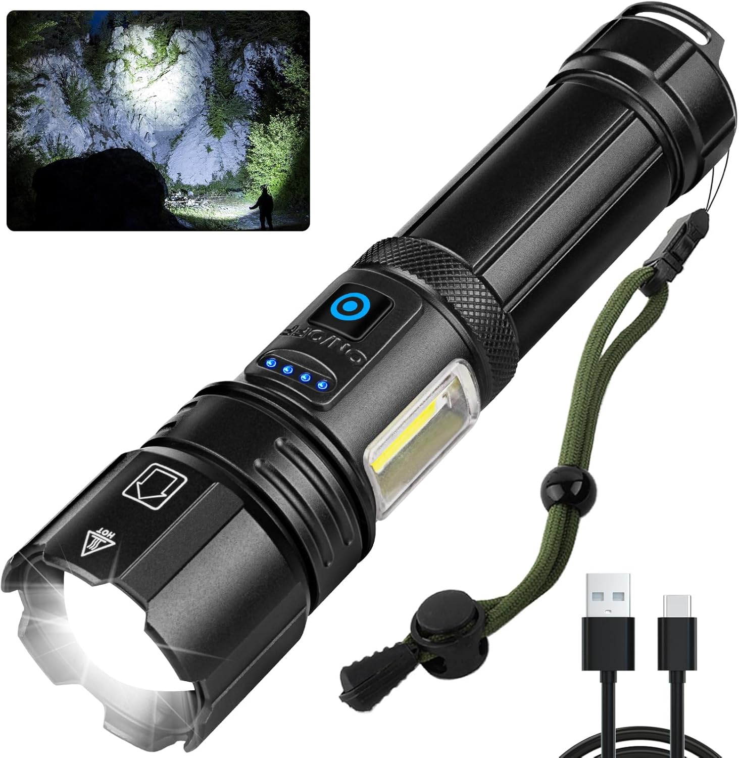 Flashlights High Lumens Rechargeable - 900000 Lumen LED Flashlight 7 Modes with COB Work Light, IPX7 Waterproof, Flash Light High Lumens for Emergencies, Camping, Hiking image number 4