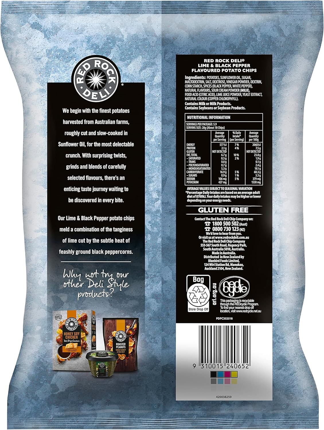 Red Rock Deli Potato Chips Share Pack Lime & Pepper 165G image number 2