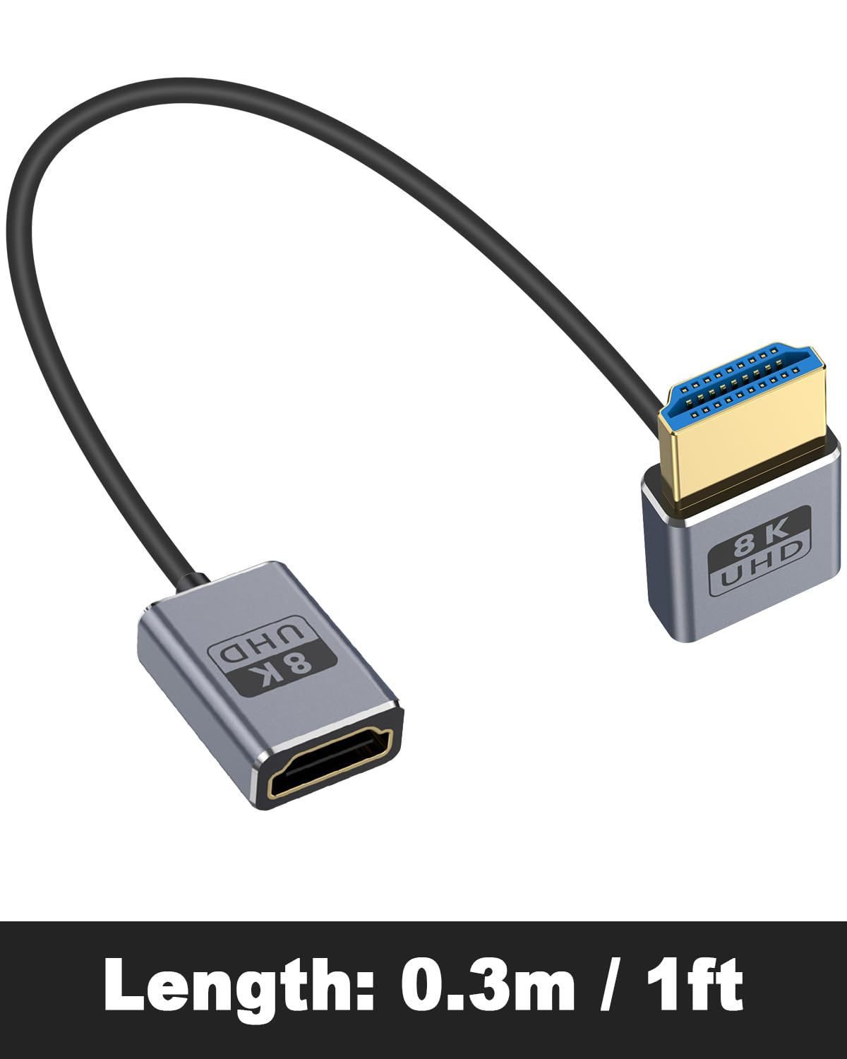 Duttek 8K HDMI2.1 Cable 1Ft/30Cm, down Angle HDMI Male to Female Extension Cable, Ultra High Speed 48Gbps Bandwidths, Ultra Thin HDMI Cord Od2.5Mm, Support 8K@60Hz for GH5S, PS5, Xbox One Monitor,Pc. image number 4