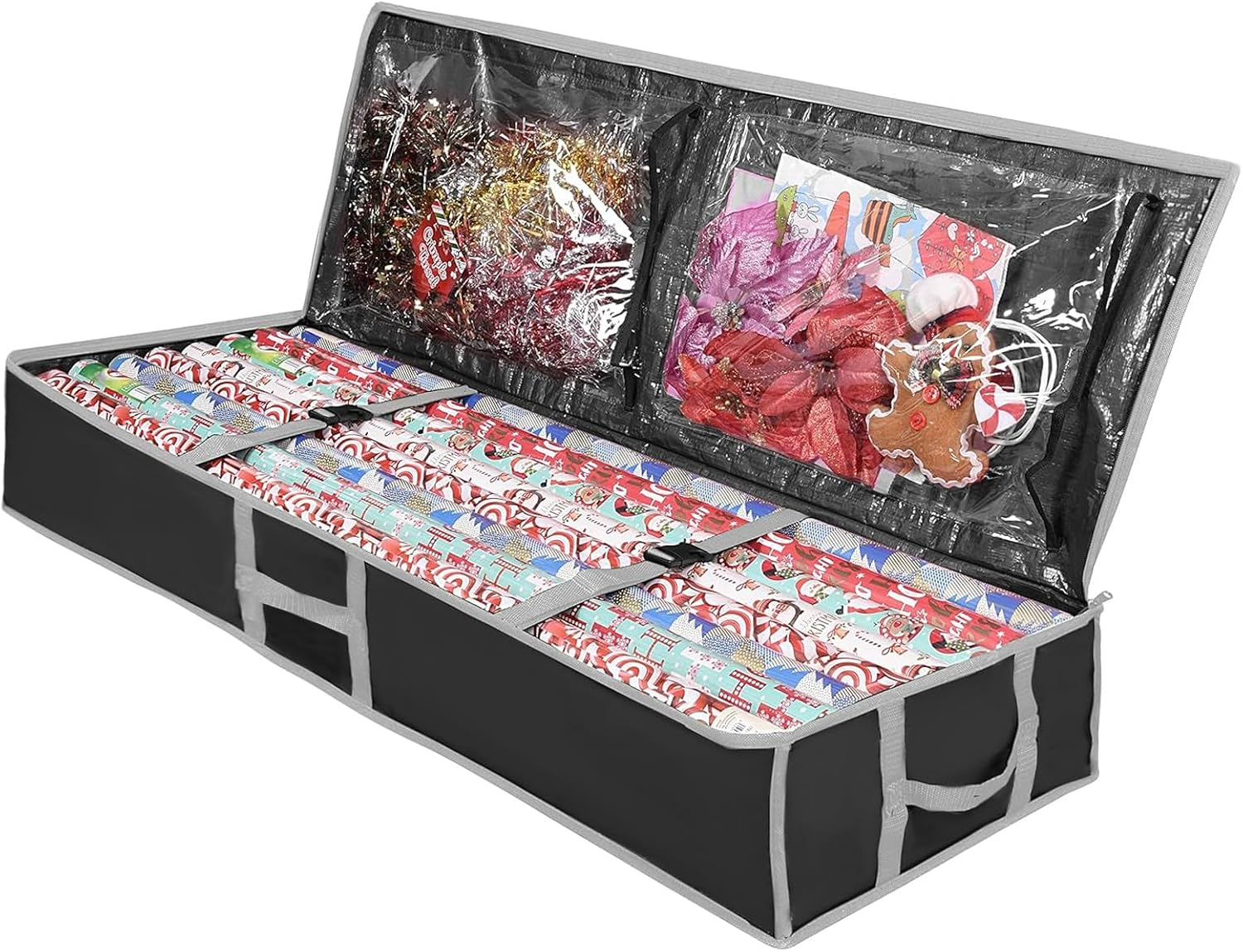 Wrapping Paper Storage Box, 104&times;36&times;16Cm Large Capacity Christmas Wrapping Paper Organizer Containers with Zipper Pockets, Foldable Gift Wrap Storage for Holiday Decorations (Black with Gray Trim) image number 3