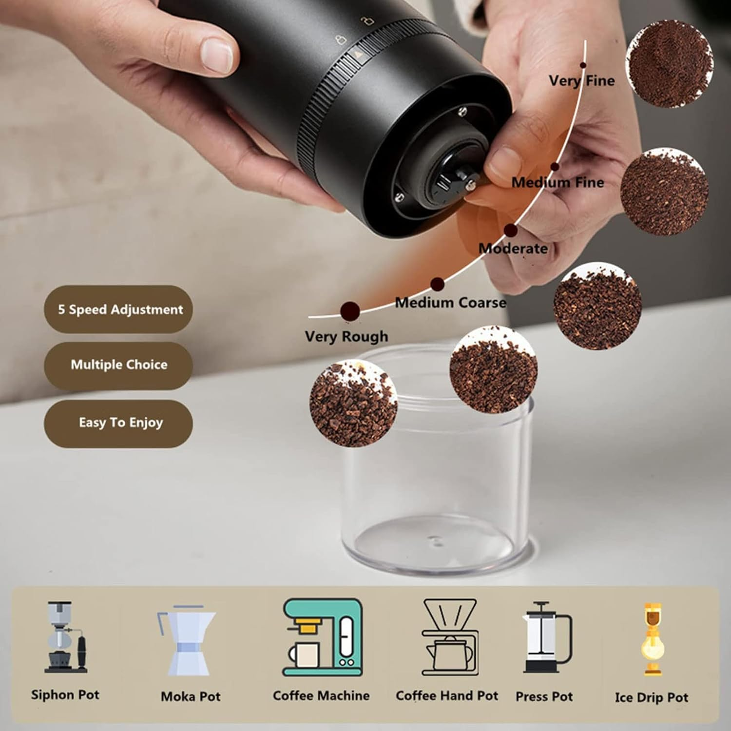 Electric Coffee Grinder,Spice Grinder and Herb Grinder,4 Cups/30G/1Oz Compact Automatic Conical Burr Grinder Coffee Bean Grinder with Multi Grind Setting for Espresso Drip Pour over French Press, USB Rechargeable image number 5
