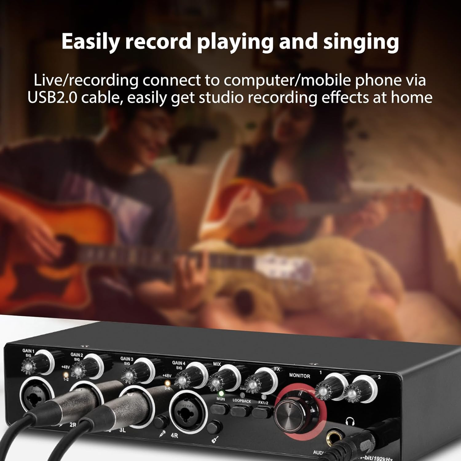Mingzhe 4 Channels Recording Sound Card with Driver Free Audio Interface, 4-In 4-Out USB Sound Card 24 Bit/192Khz 48V Phantom Power Supply for Professional Recording of Live Streaming Karaoke image number 3