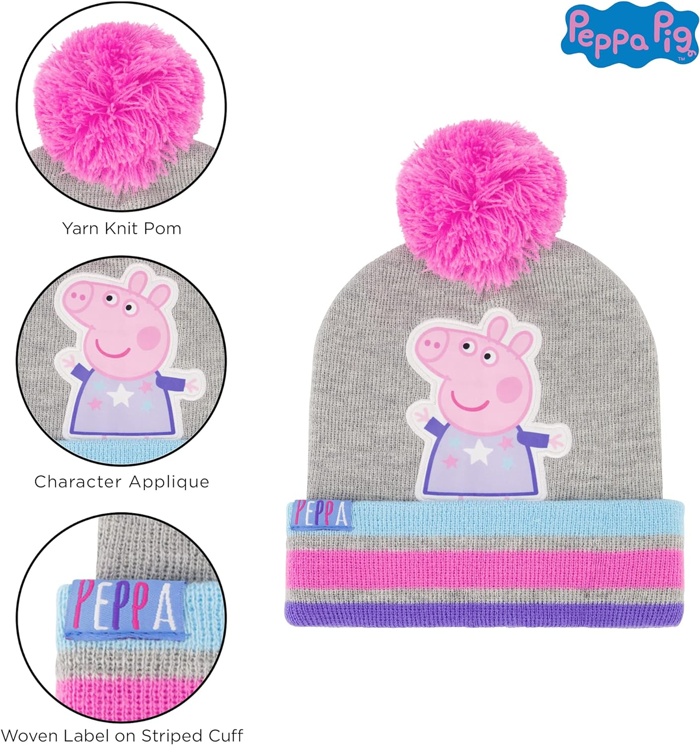 Eone Winter Hat, Toddlers Mittens, Peppa Pig Baby Beanie for Girl'S, Grey/Pink, 2-4T image number 1