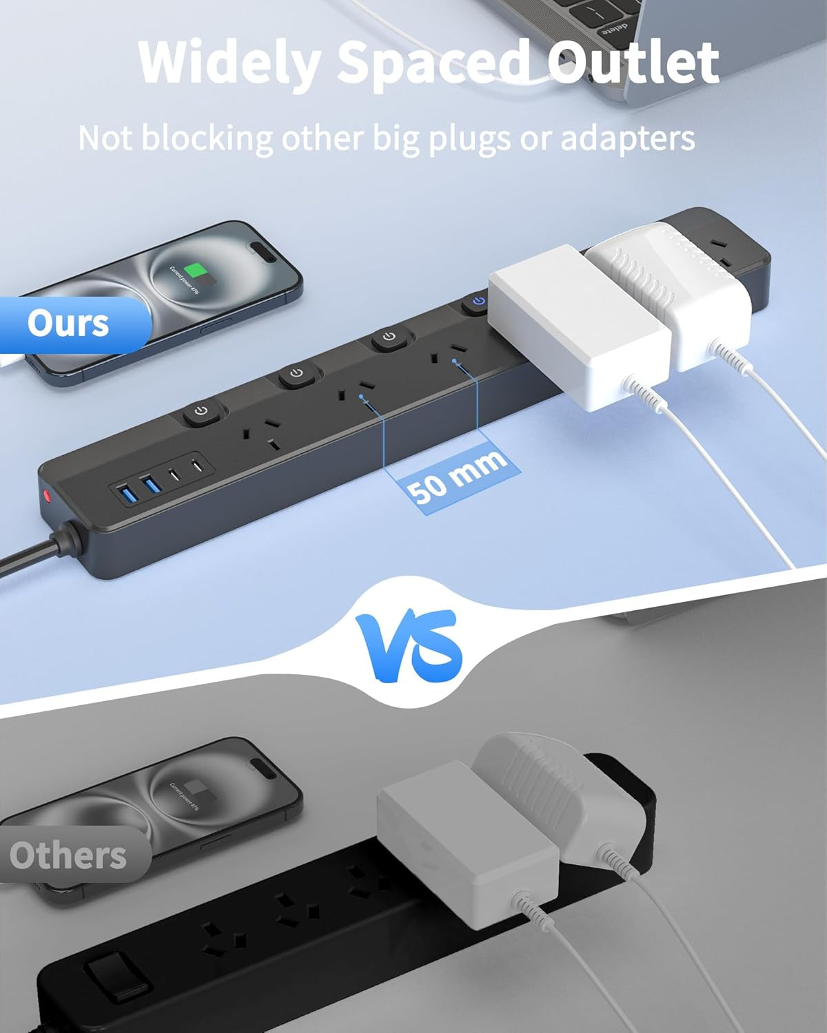 Power Board Individual Switch, Powerboard with 6 AC Outlets 4 USB Ports (2 USB C), 900J Power Board Surge Protected, SAA Certified, 2M Extension Cord for Home and Office, Black image number 5