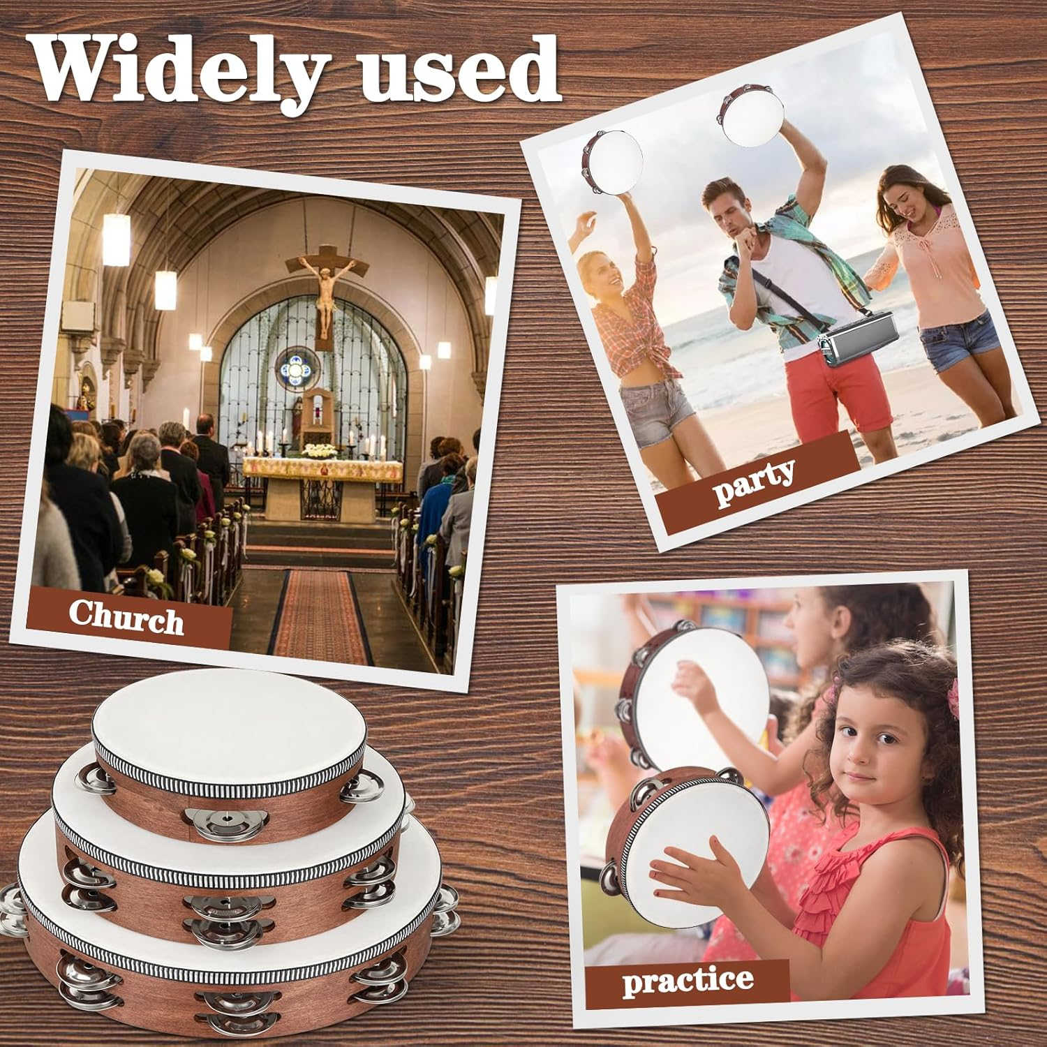 Wooden Hand Held Percussion Tambourine with Storage Bag - 6+8+10 Inches, Ideal for Church, Wedding, Party, Dance, Photo Shoot image number 4