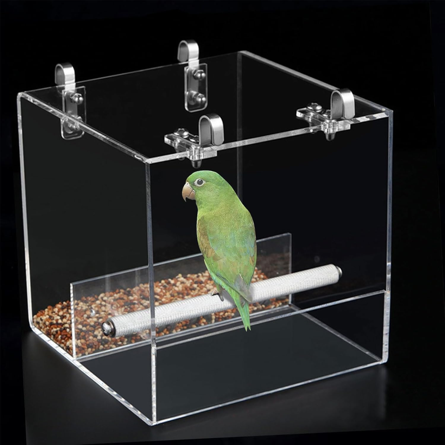 Automatic Parrot Feeder No Mess Bird Cage Seed Feeding Container Box Acrylic Automatic Bird Feeder Bird Cage with Stainless Steel Hooks for Small Birds like Parakeet,Canary,Cockatiel,Parrot 21X21X21Cm