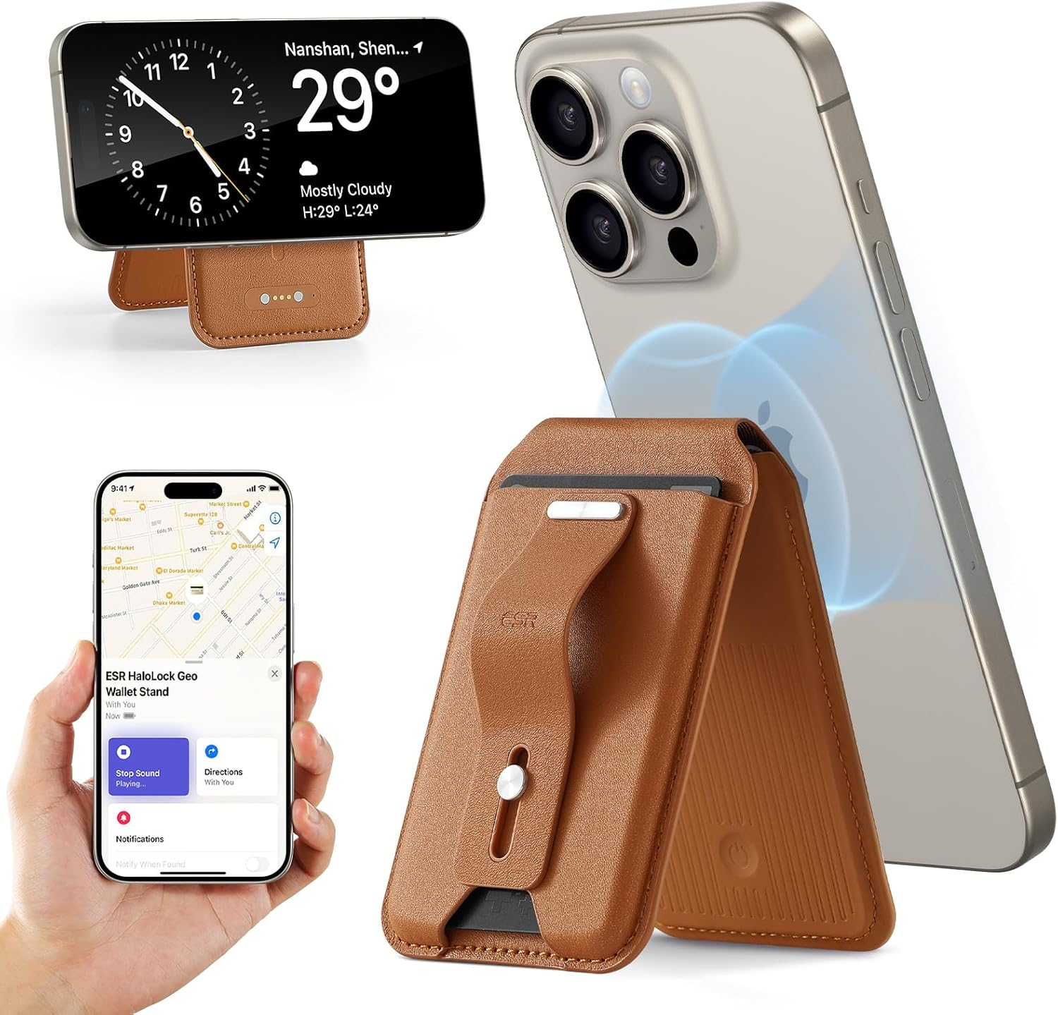 ESR for Magsafe Wallet with Full Find My Functionality, Magnetic Geo Iphone Wallet, up to 3,000G Magnet Strength, with Adjustable Stand, for Iphone 16/15/14/13/12 Series, Brown image number 5