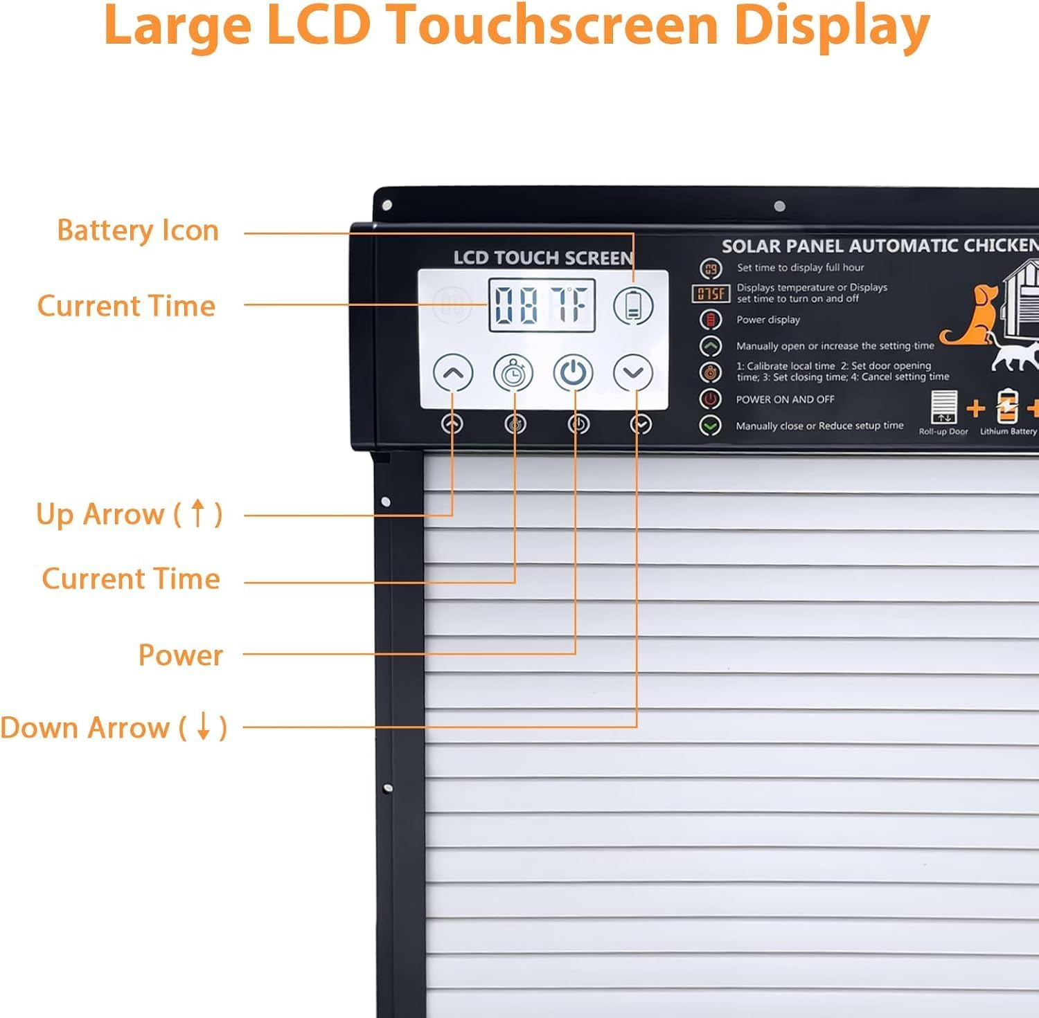 Vuebee Solar Automatic Chicken Coop Door with Timer, Light & Motion Sensor, LCD Touchscreen, Remote Control &ndash; Weatherproof Chook Door for Ducks, Rabbits, Poultry (13.4" X 10" Opening) image number 1
