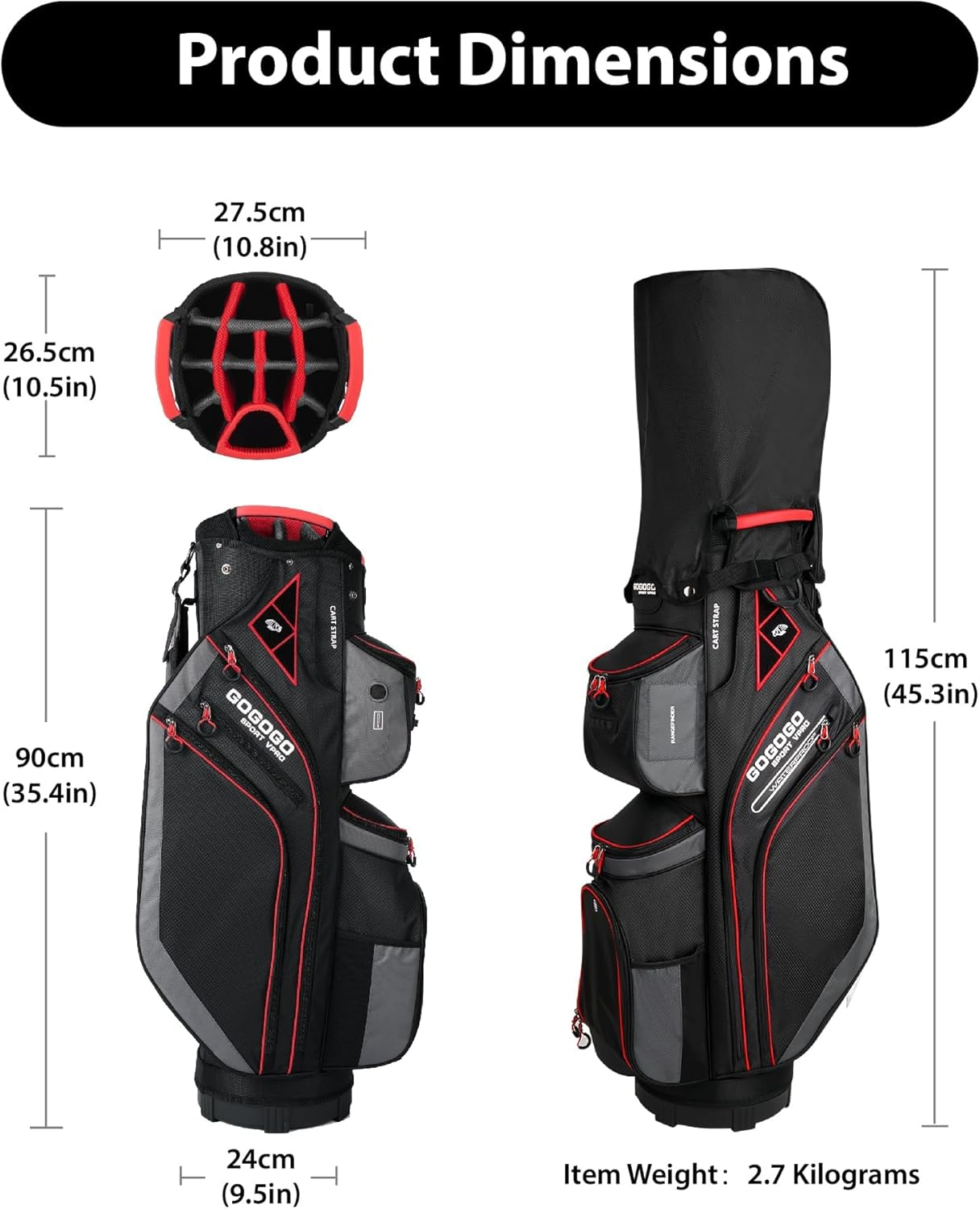 Gogogo Sport Vpro Golf Cart Bag with 14 Way Dividers, 11 Pockets Golf Club Bag, Rain Hood, Insulated Beverage Compartment