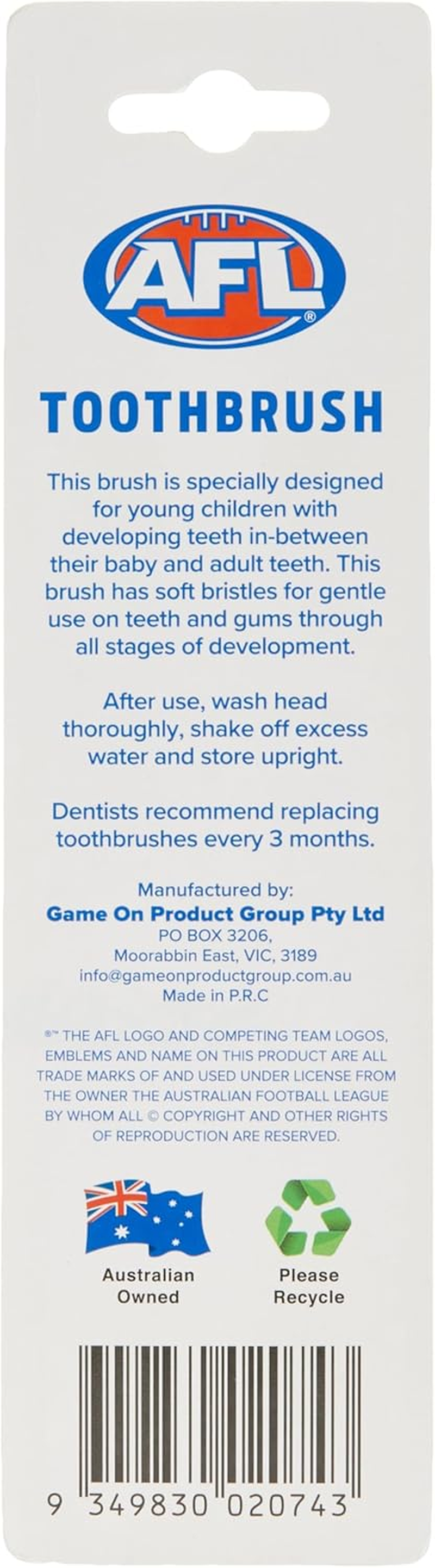 AFL Kids Carlton Mascot Toothbrush (Pack of 2)