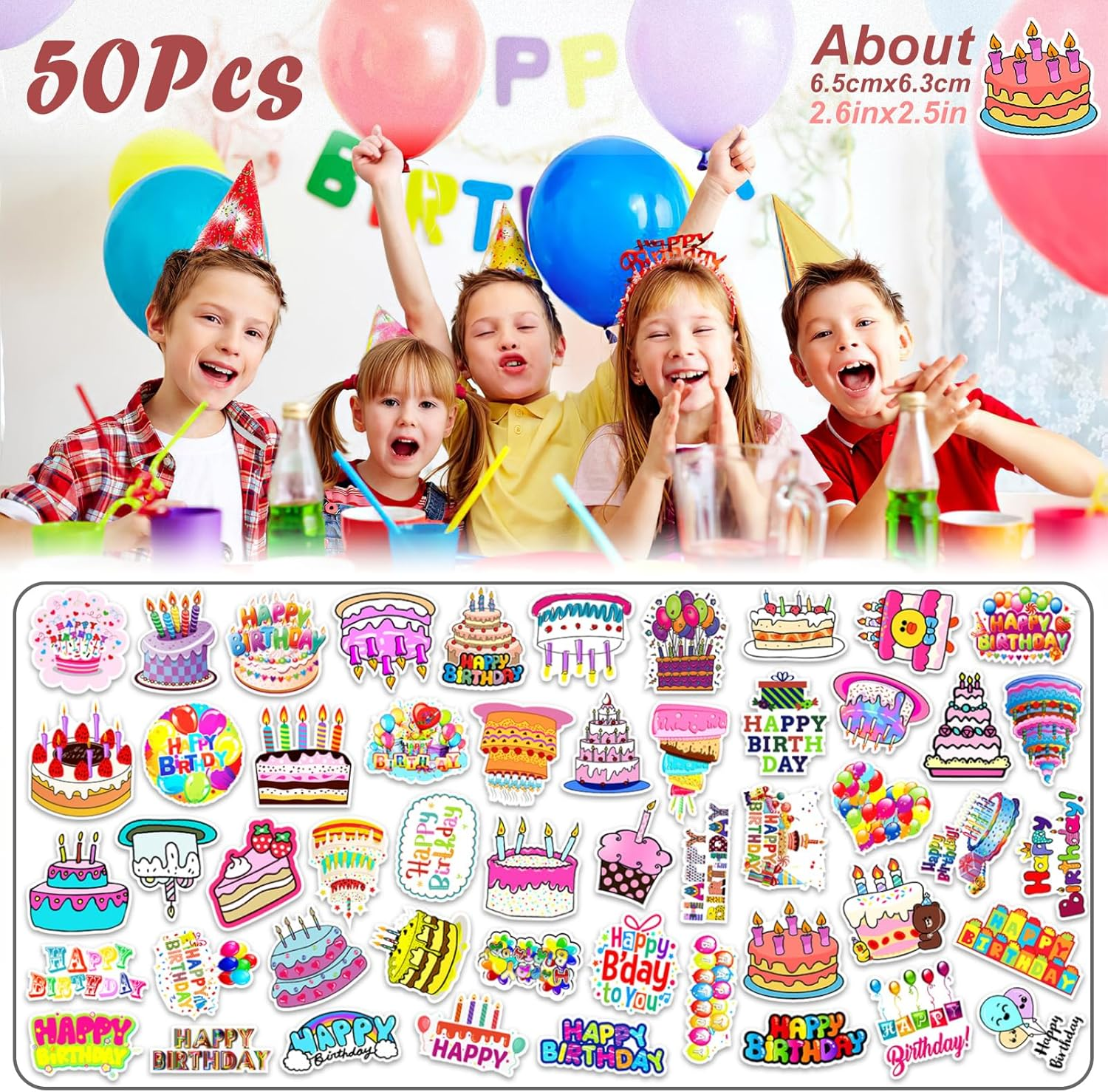 Bighan 50 Pcs Happy Birthday Stickers, Waterproof Vinyl Decals for Kids, Celebratory Birthday Elements on Plastic, Metal, Glass, Wood