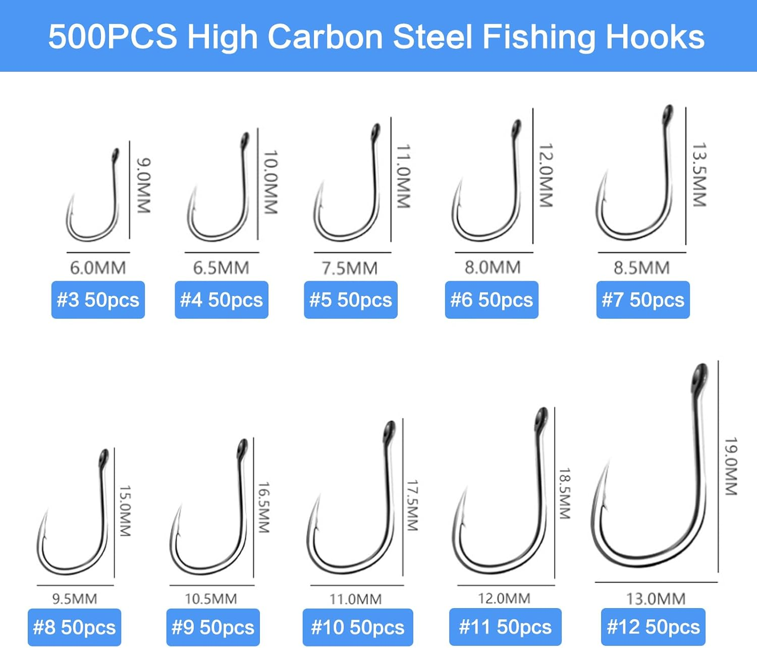500 Pcs Fishing Hooks Set with Barbed, 10 Sizes High Carbon Steel Hooks for Freshwater & Saltwater with Portable Fishing Tackle Box, Fishing Accessories for Bass, Trout, Salmon, Catfish, Jigging image number 4