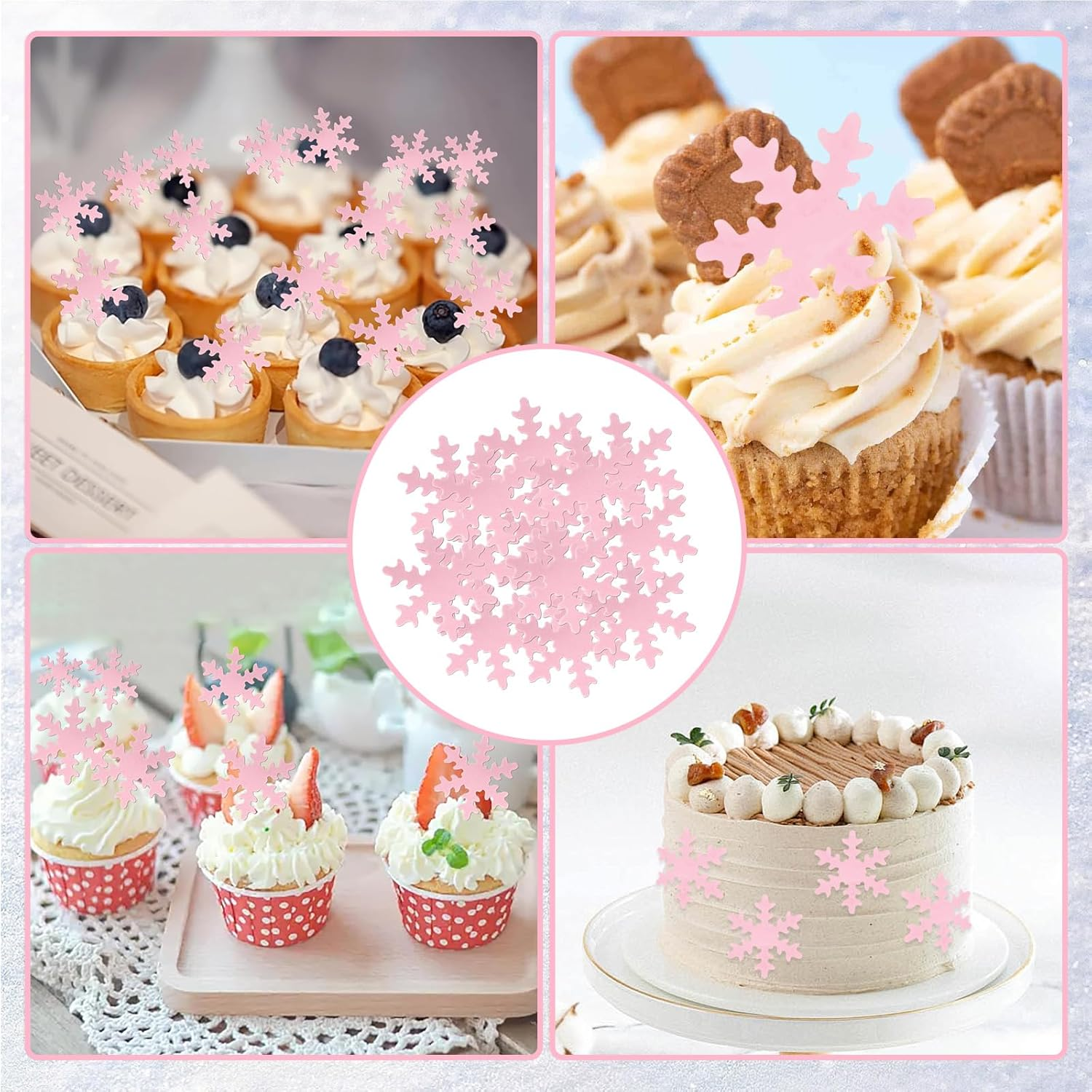 50Pcs Snowflake Cake Cupcake Topper, Edible Winter Frozen Snowflake Cake Decorations Edible Wafer Paper for Birthday Party Decor Supplies (Pink) - White+Blue image number 7