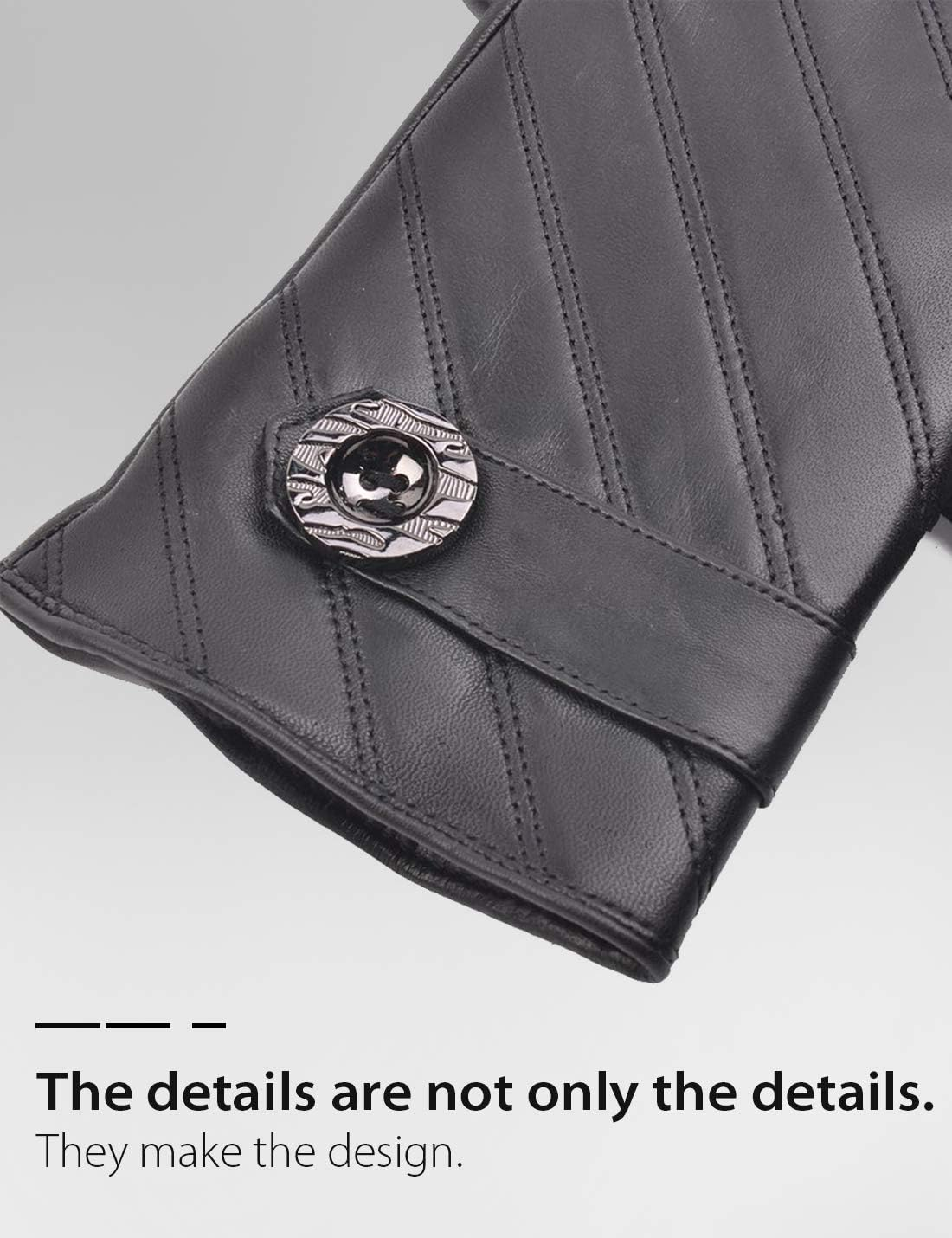 YISEVEN Men'S Touchscreen Lambskin Leather Gloves Fleece Lined Diagonal Stripe and Button Belt Luxury Stylish for Winter Hand Warm Fur Lined and Motorcycle Driving Christmas Xmas Gift Black 9/M image number 1