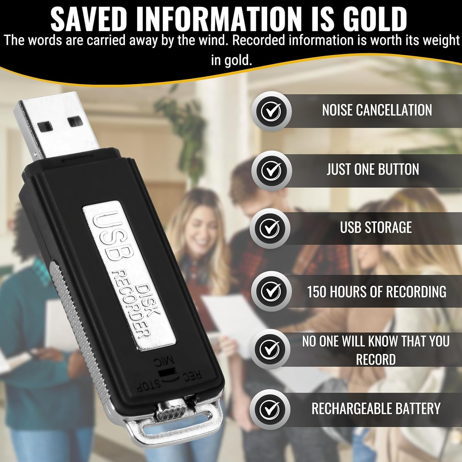 USB Digital Voice Recorder | Portable Mini Voice Recorder 8 GB | Audio Recorder Ideal for Meetings, Interviews, Conferences. | Spy Recorder with Memory for Several Hours of Recording image number 2