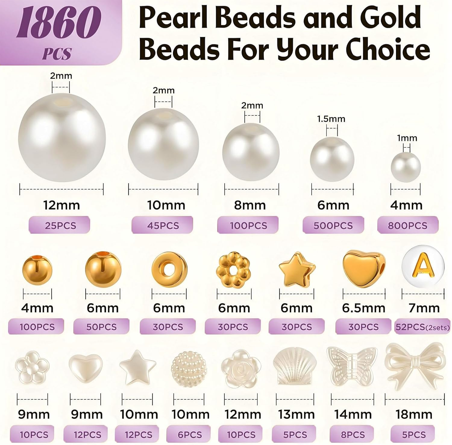 MYTOAU 1860Pcs Pearl Beads for Bracelets Making,Spacing Bead Set,Multi-Shape Pearls and Gold Spacer Bead,Round Pearls Beads Craft DIY for Jewelry Making Kit for Adults Charms for Bracelets String image number 3