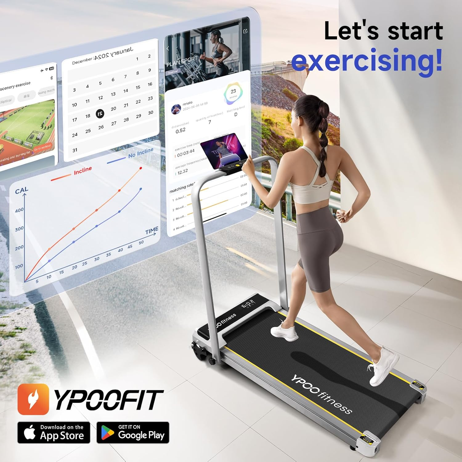 YPOO Walking Pad Treadmill, Walking Pad with Incline, Foldable Treadmills for Home Office Gym Exercise, Portable Desk Treadmill for Jogging&Running, Running Machine for Workout Exercise image number 2