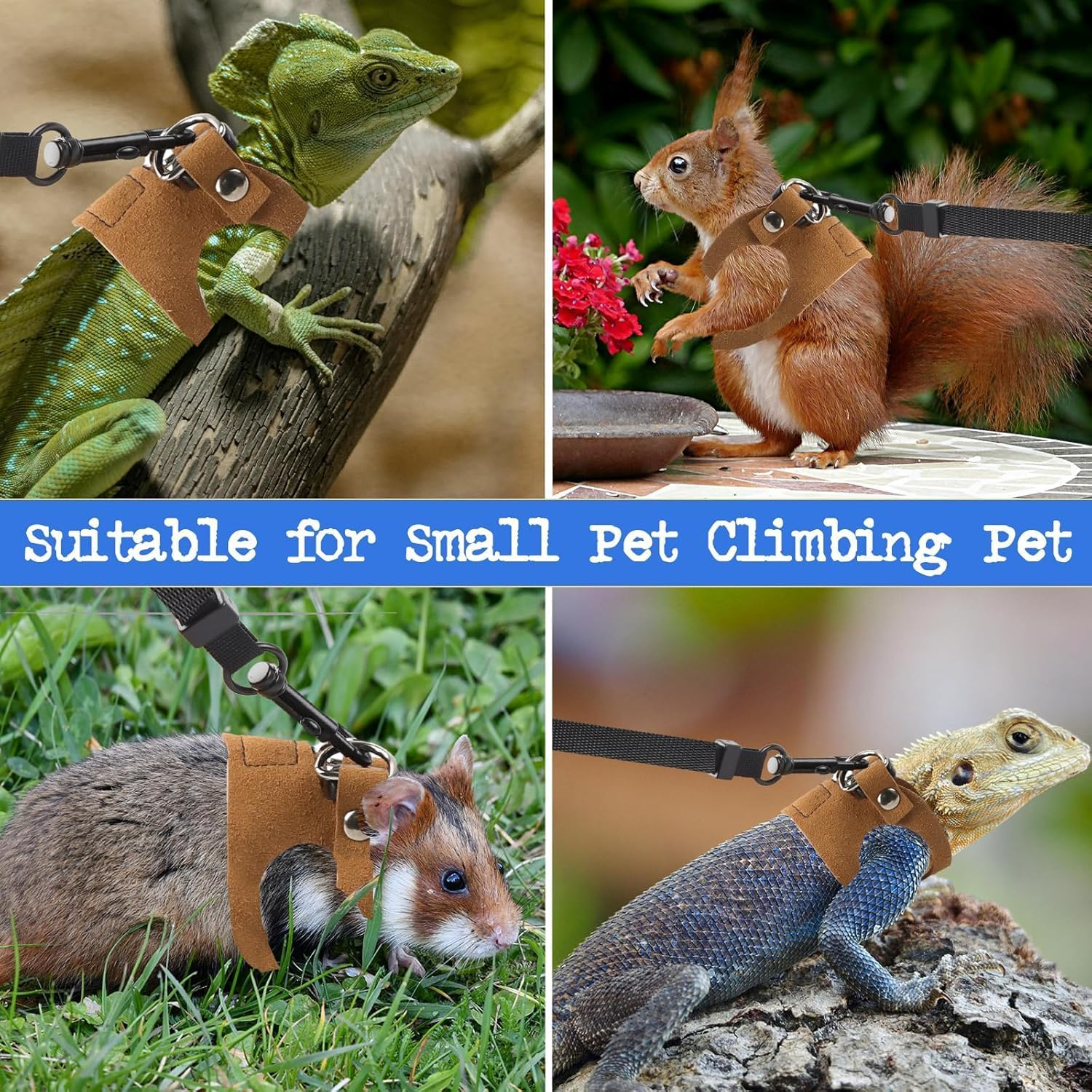 3 Size Lizard Traction Rope,Bearded Dragon Harness and Leash Set,Adjustable Harness Soft Leather Leash Lizard Reptile Traction Rope Walking Vest Accessories for Bearded Dragon,Iguana,Gecko (Black) image number 1