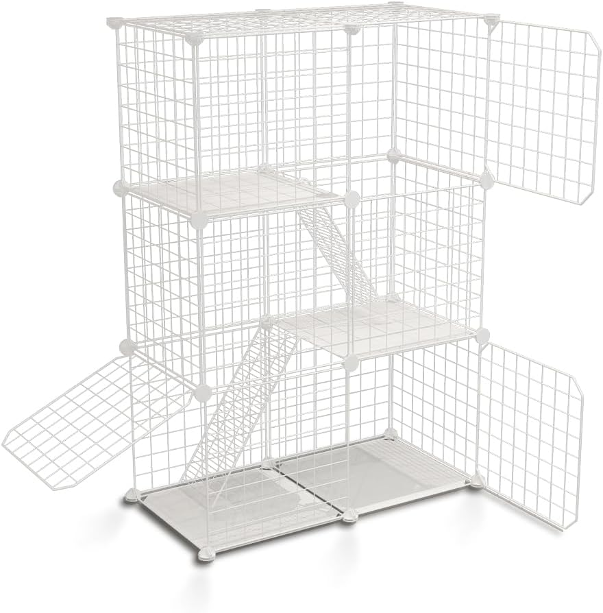 Ricjurzzty Cat Cage,Portable Metal Wire Mesh Detachable Outdoor & Indoor Kitten Enclosure with Ladders,Cat Exercise Place Crate for Kitty,Puppy,Rabbits and Small Animals (White, 3 Tier & 3 Doors) image number 4